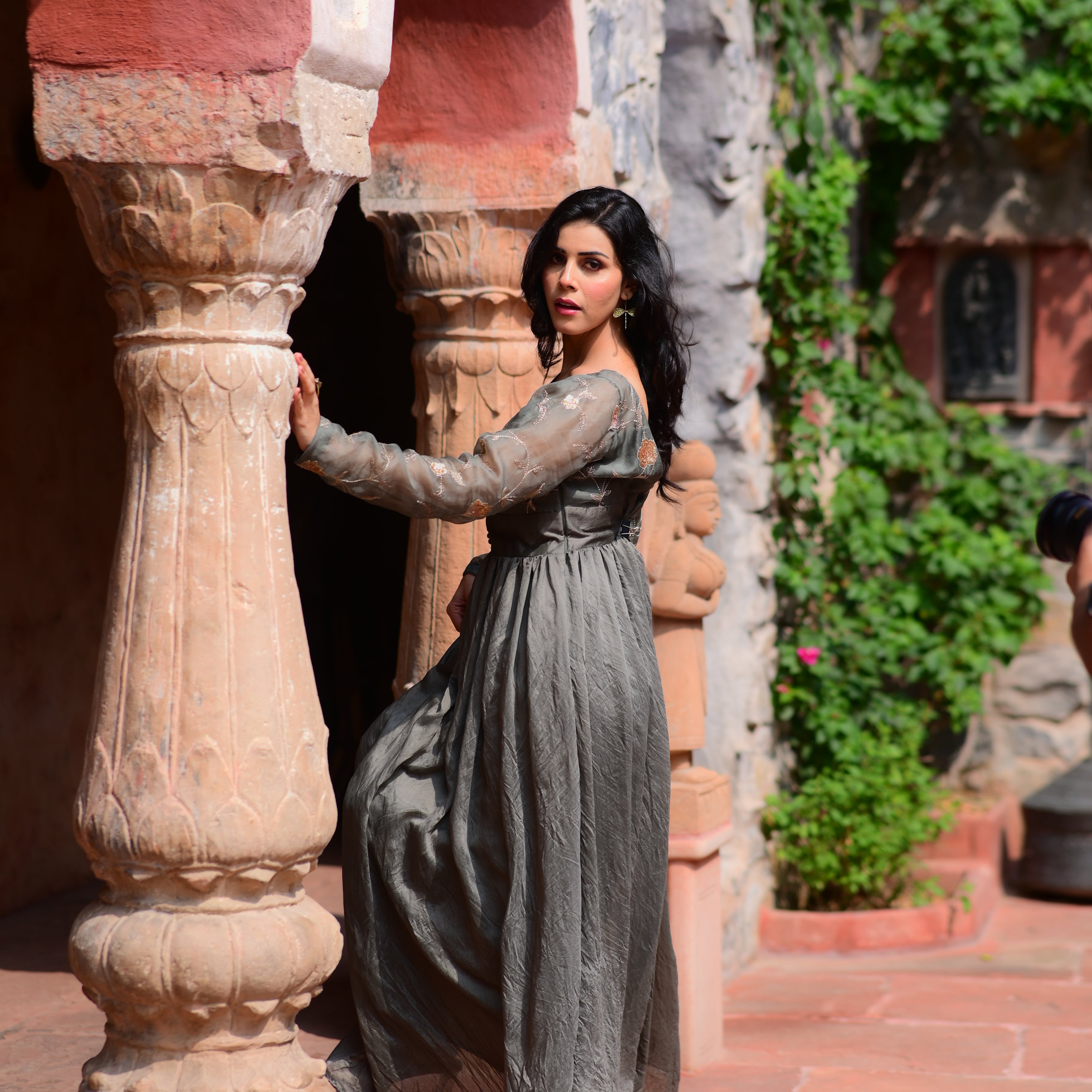 Elegant Olive Grey Georgette Maxi Dress