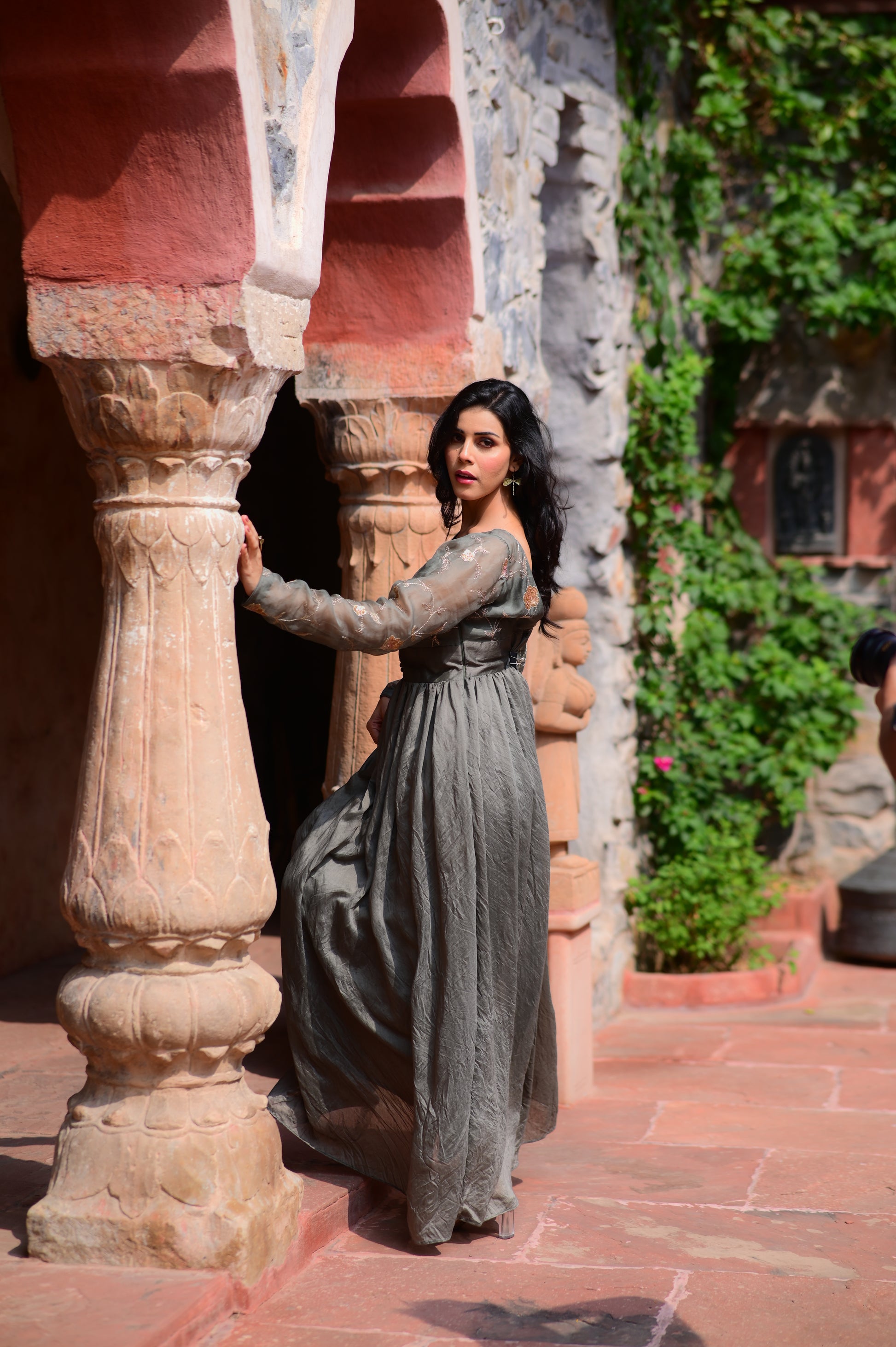 Elegant Olive Grey Georgette Maxi Dress