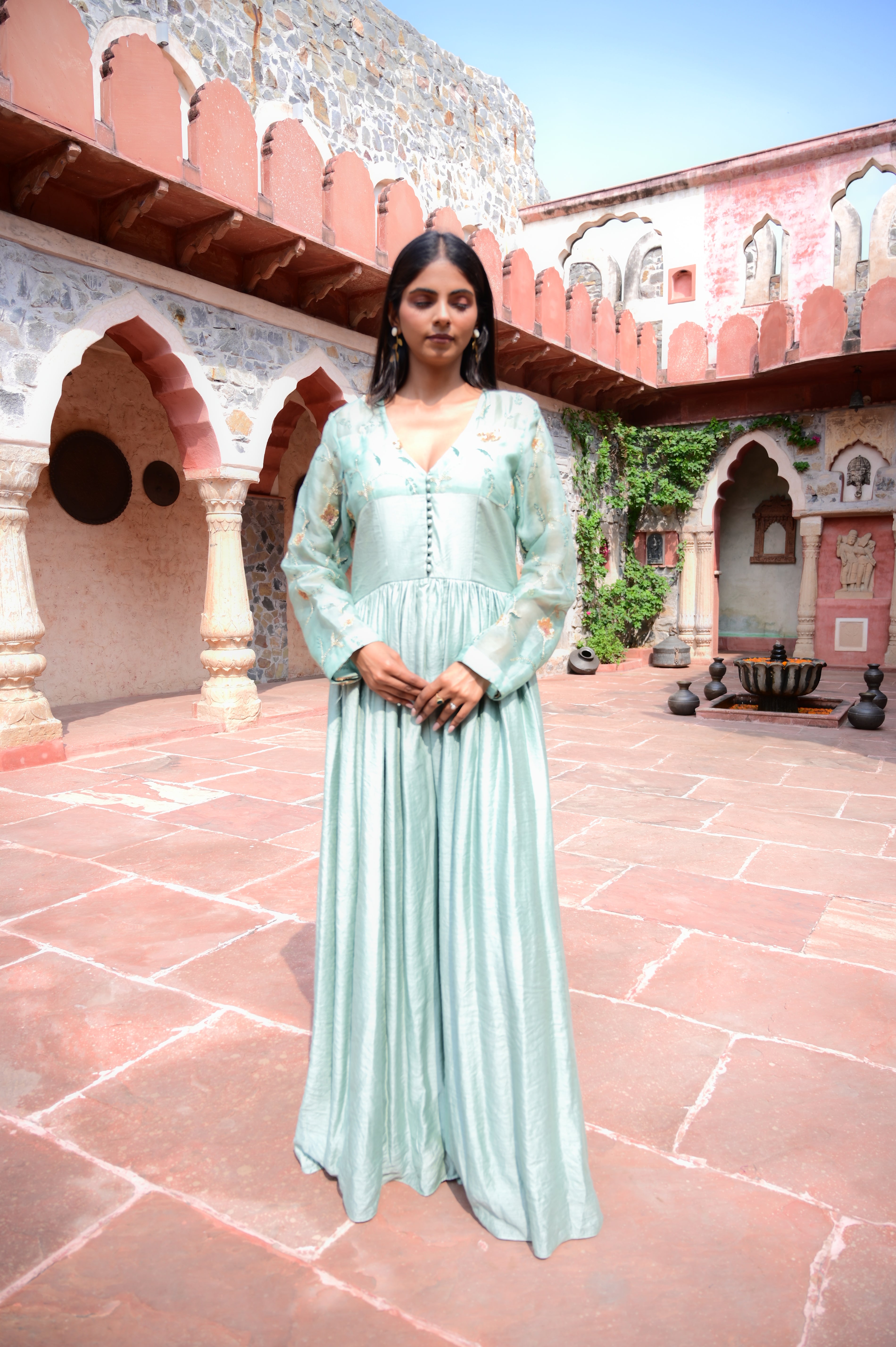 Pastel Mint Embroidered Flared Anarkali