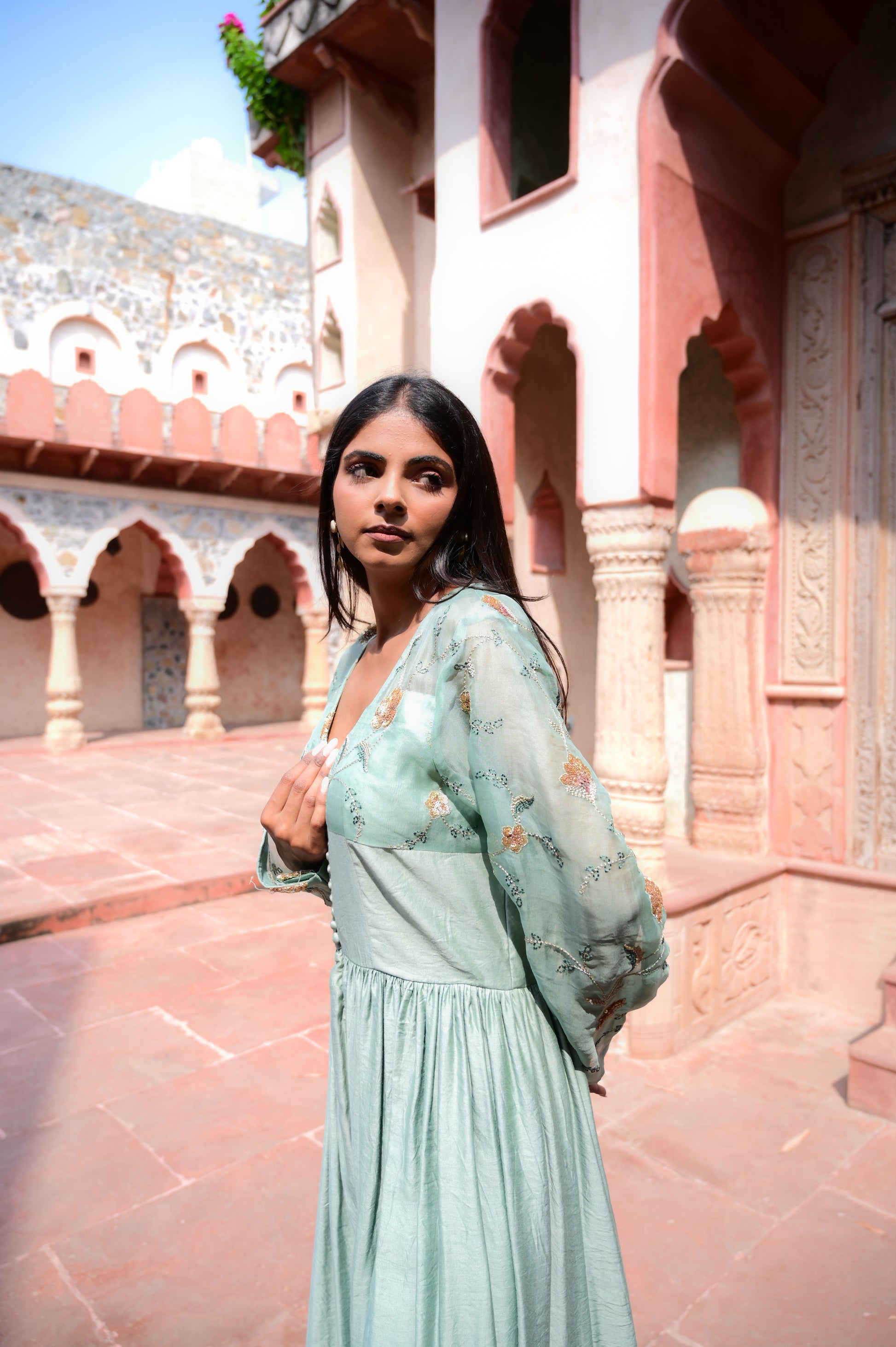 Pastel Mint Embroidered Flared Anarkali