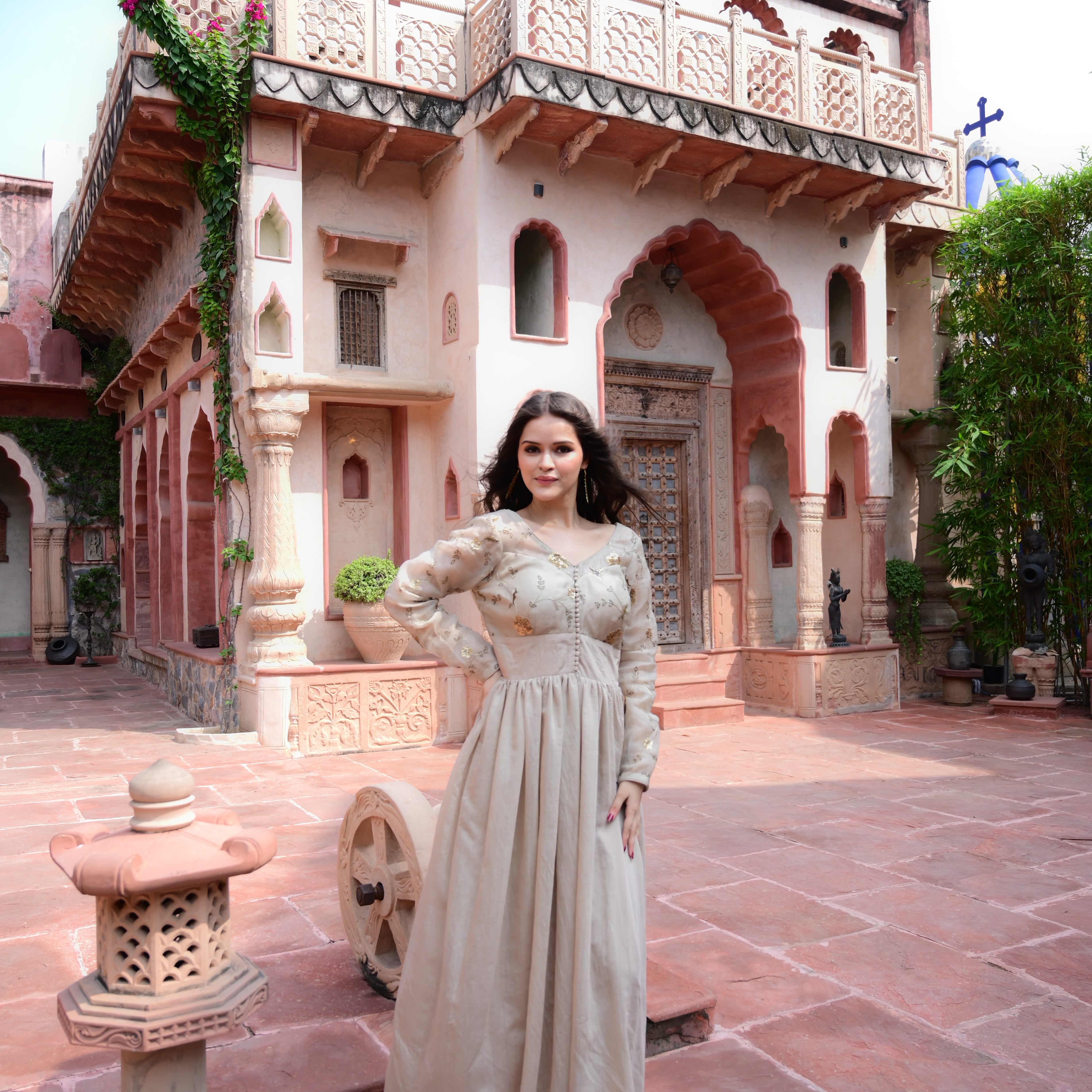 Beige Embroidered Flowy Maxi Dress