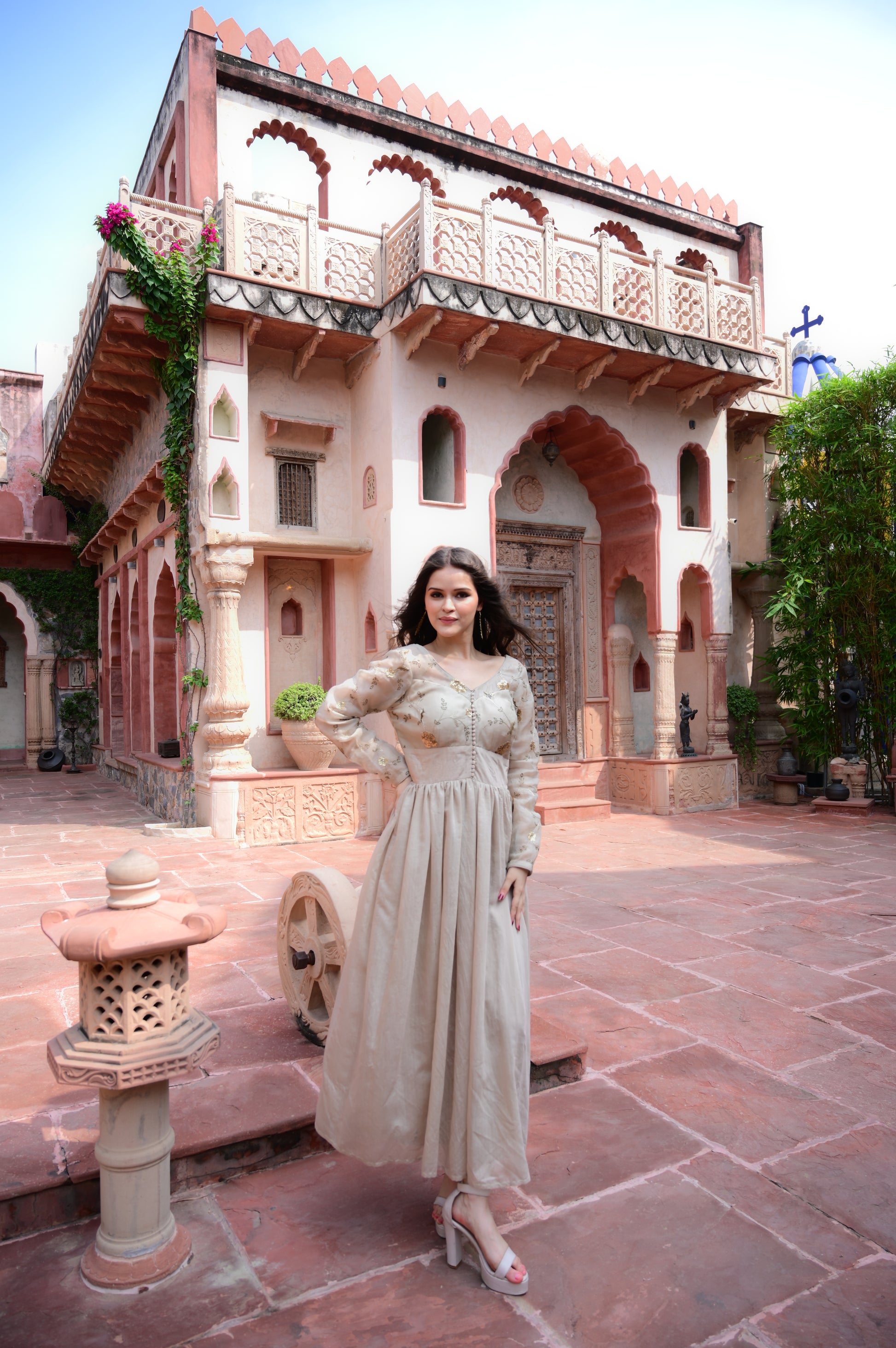 Beige Embroidered Flowy Maxi Dress