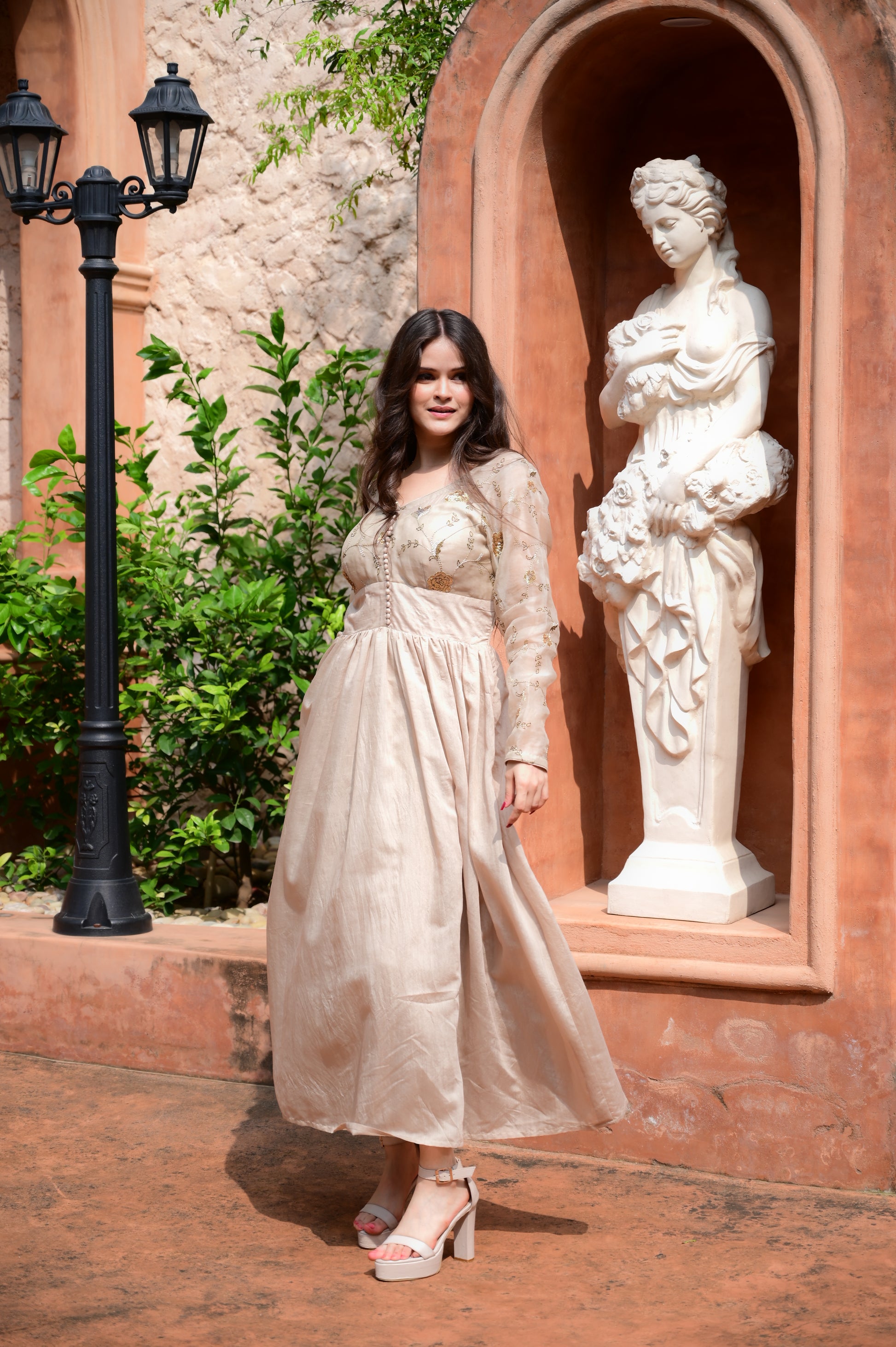 Beige Embroidered Flowy Maxi Dress
