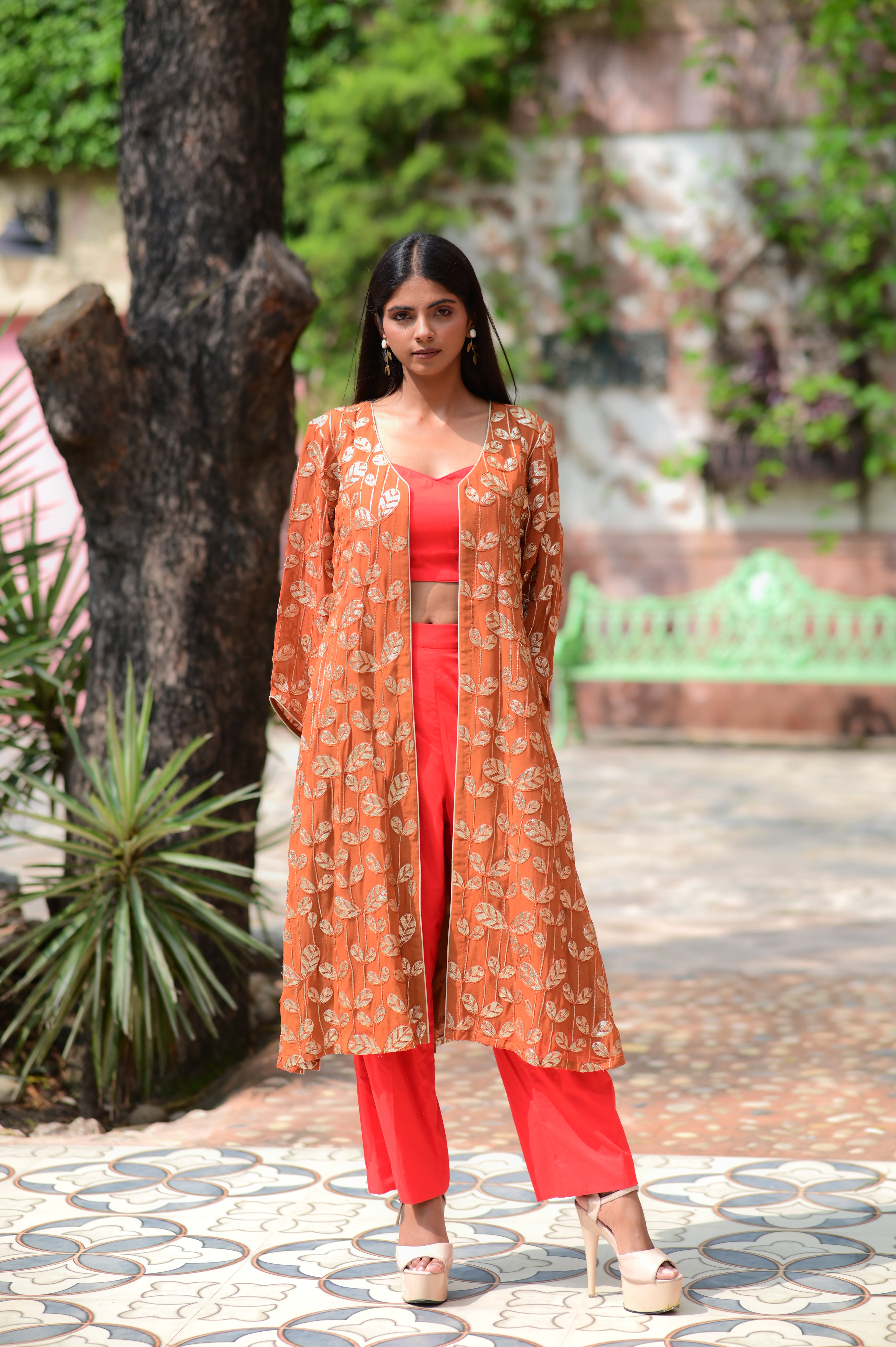 Rust Orange Leaf-Printed Long Shrug Set
