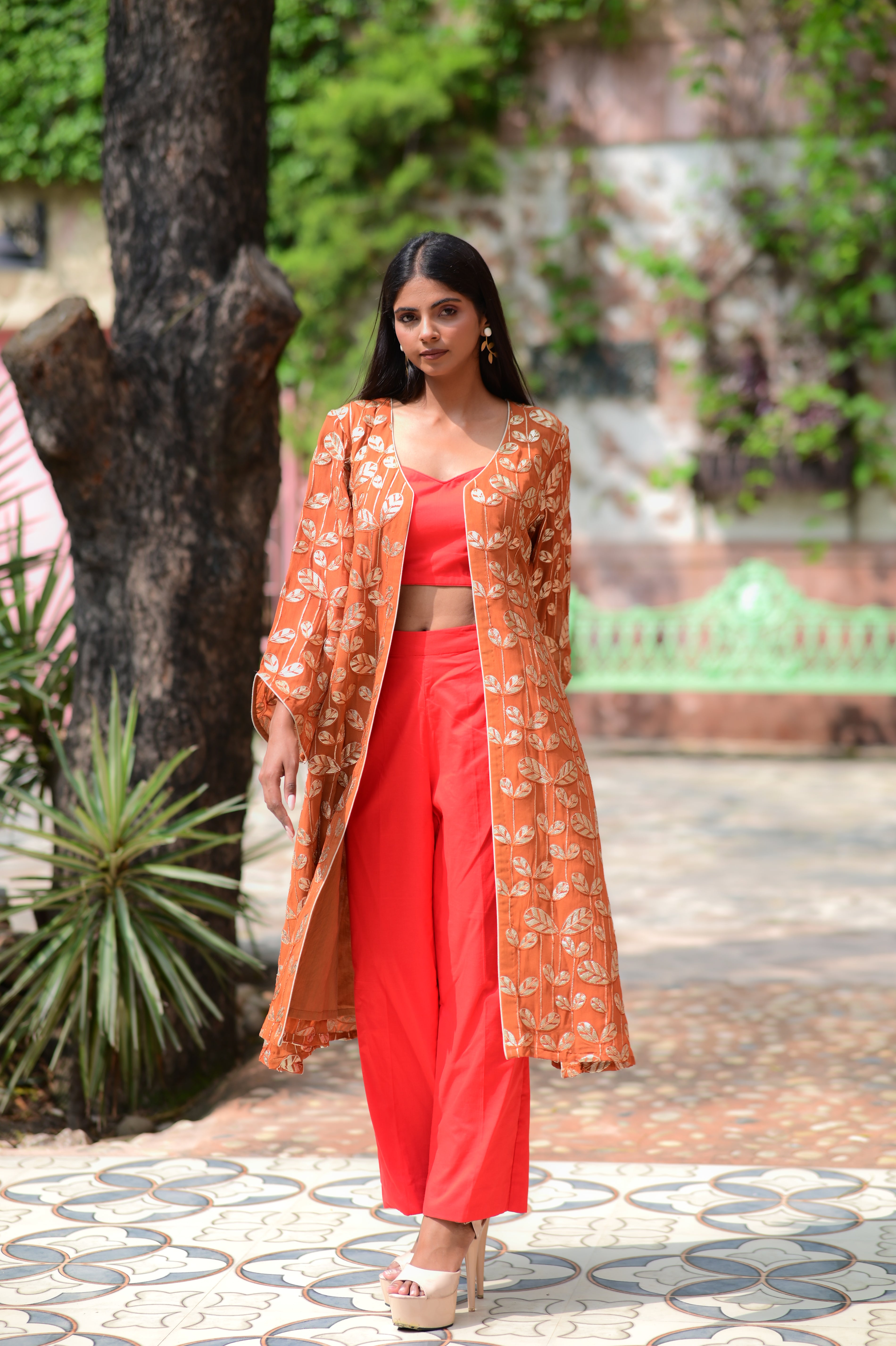 Rust Orange Leaf-Printed Long Shrug Set