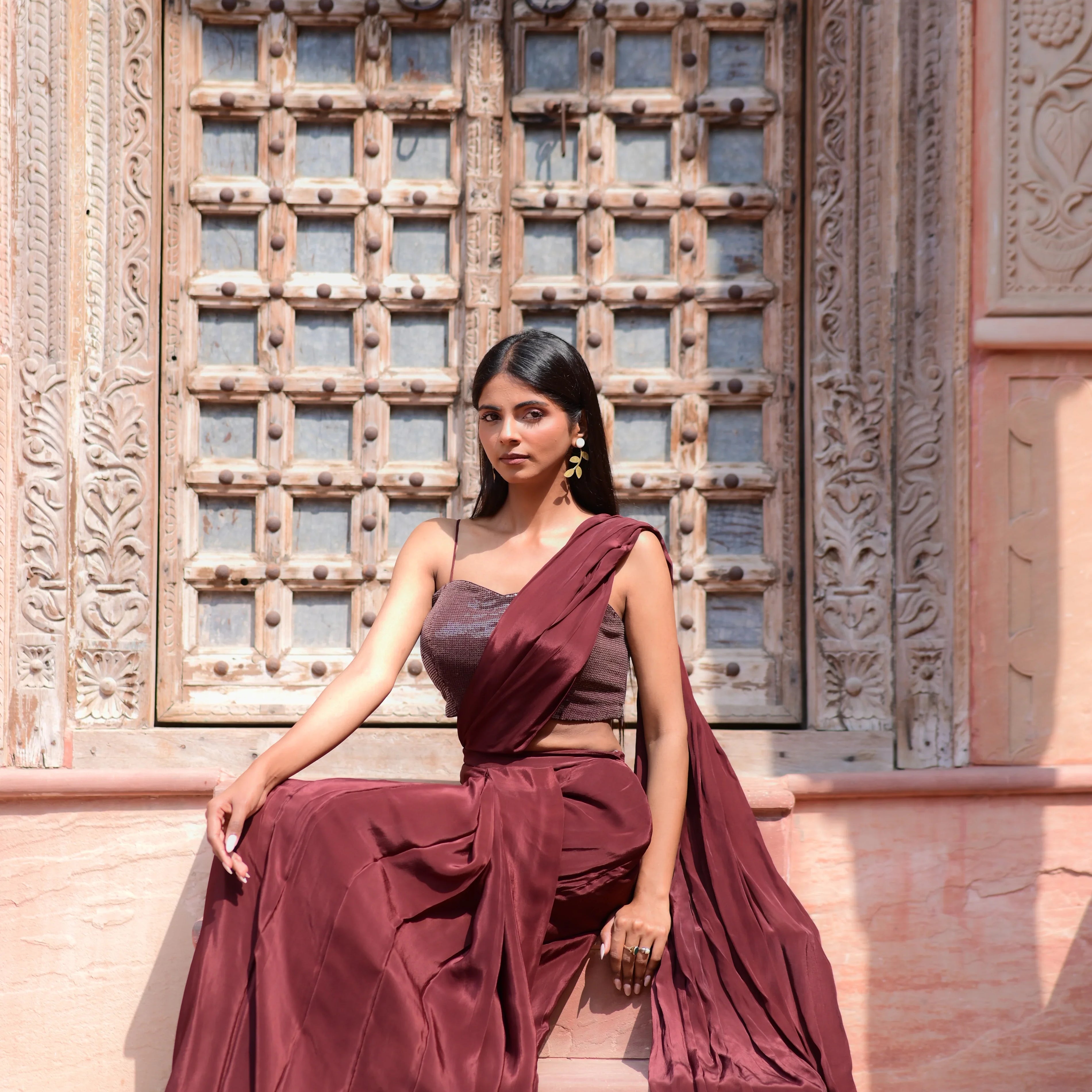 Deep Maroon Crepe Sequence Saree Set