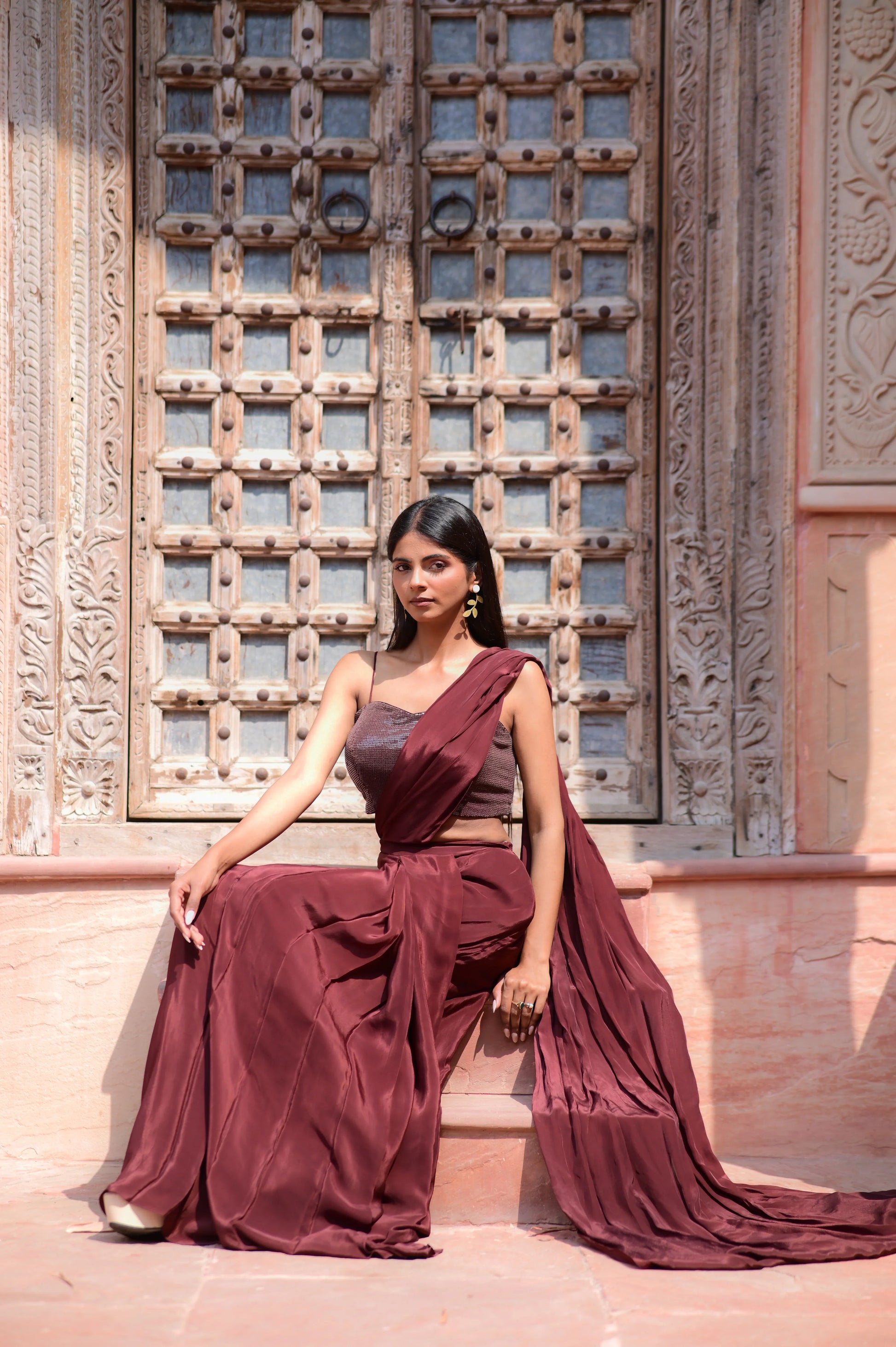 Deep Maroon Crepe Sequence Saree Set