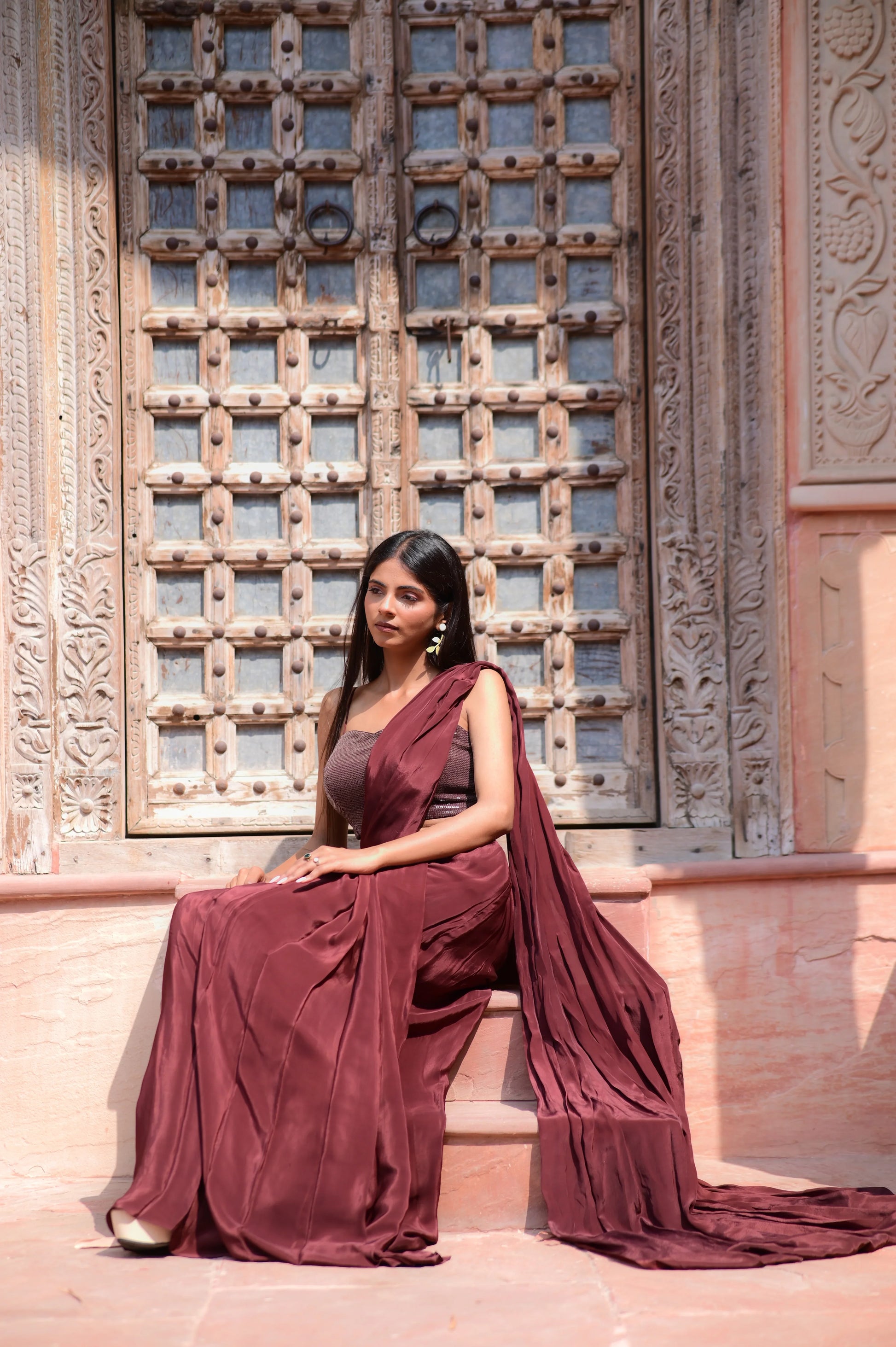 Deep Maroon Crepe Sequence Saree Set