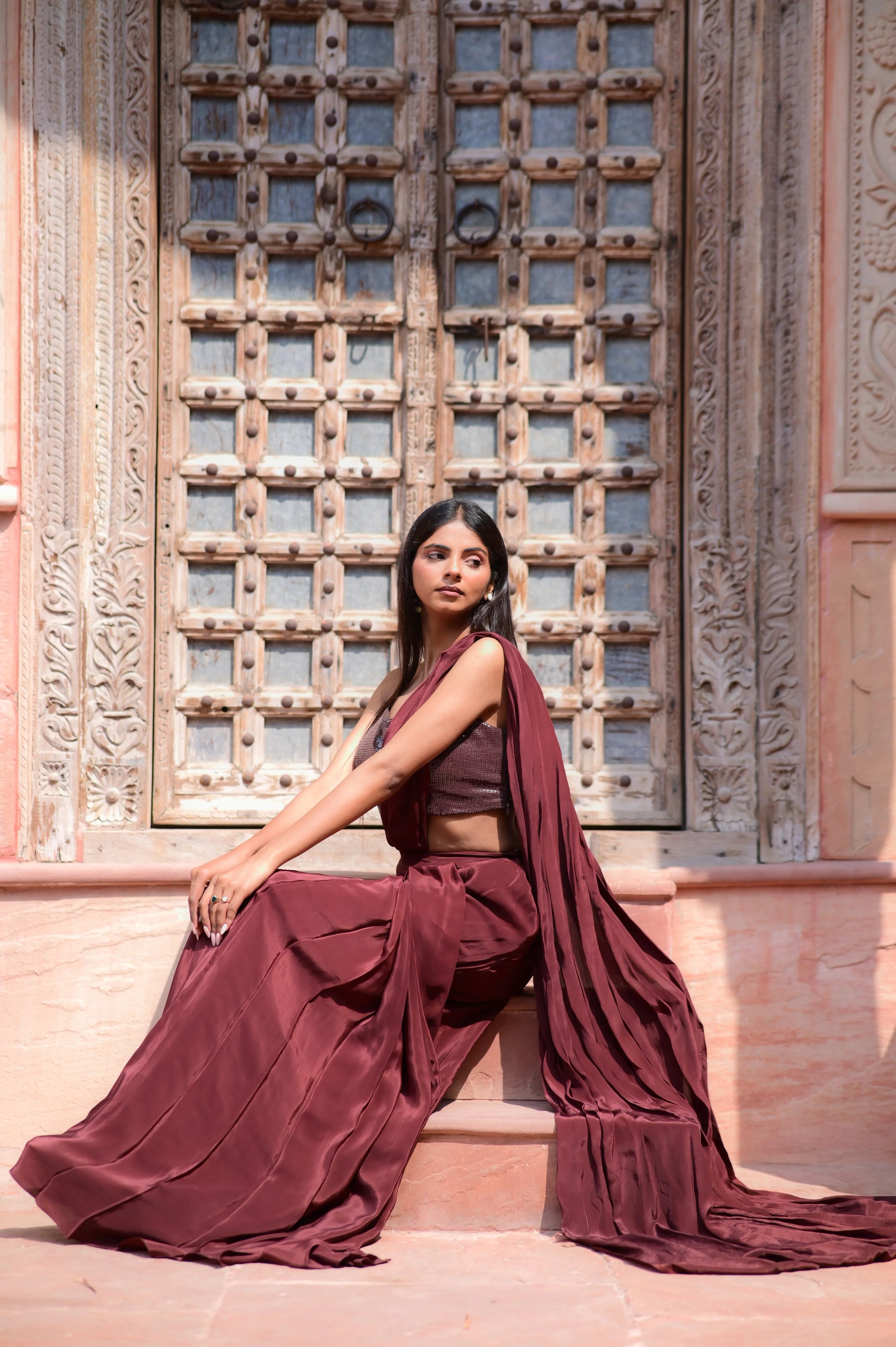Deep Maroon Crepe Sequence Saree Set