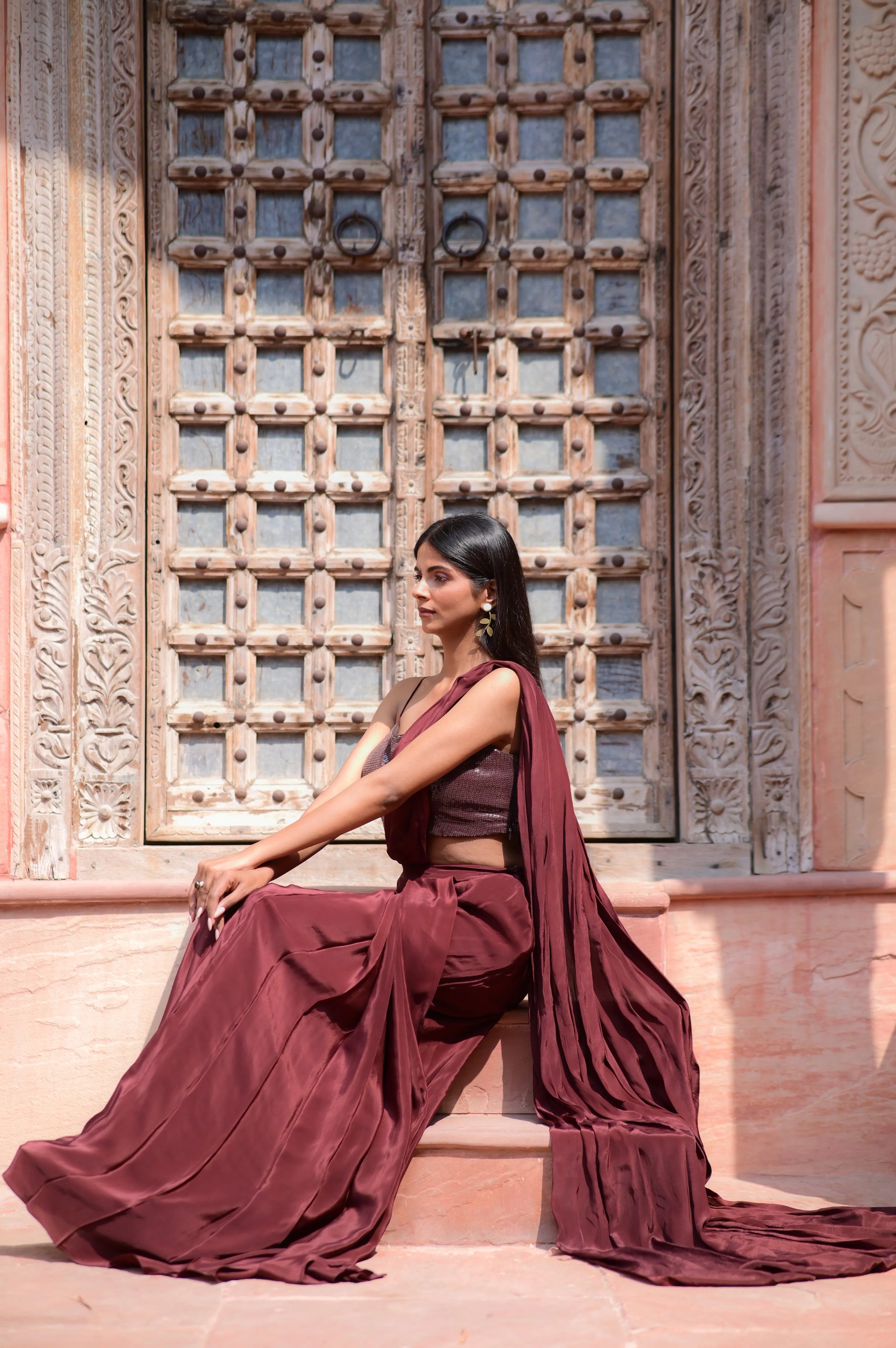 Deep Maroon Crepe Sequence Saree Set