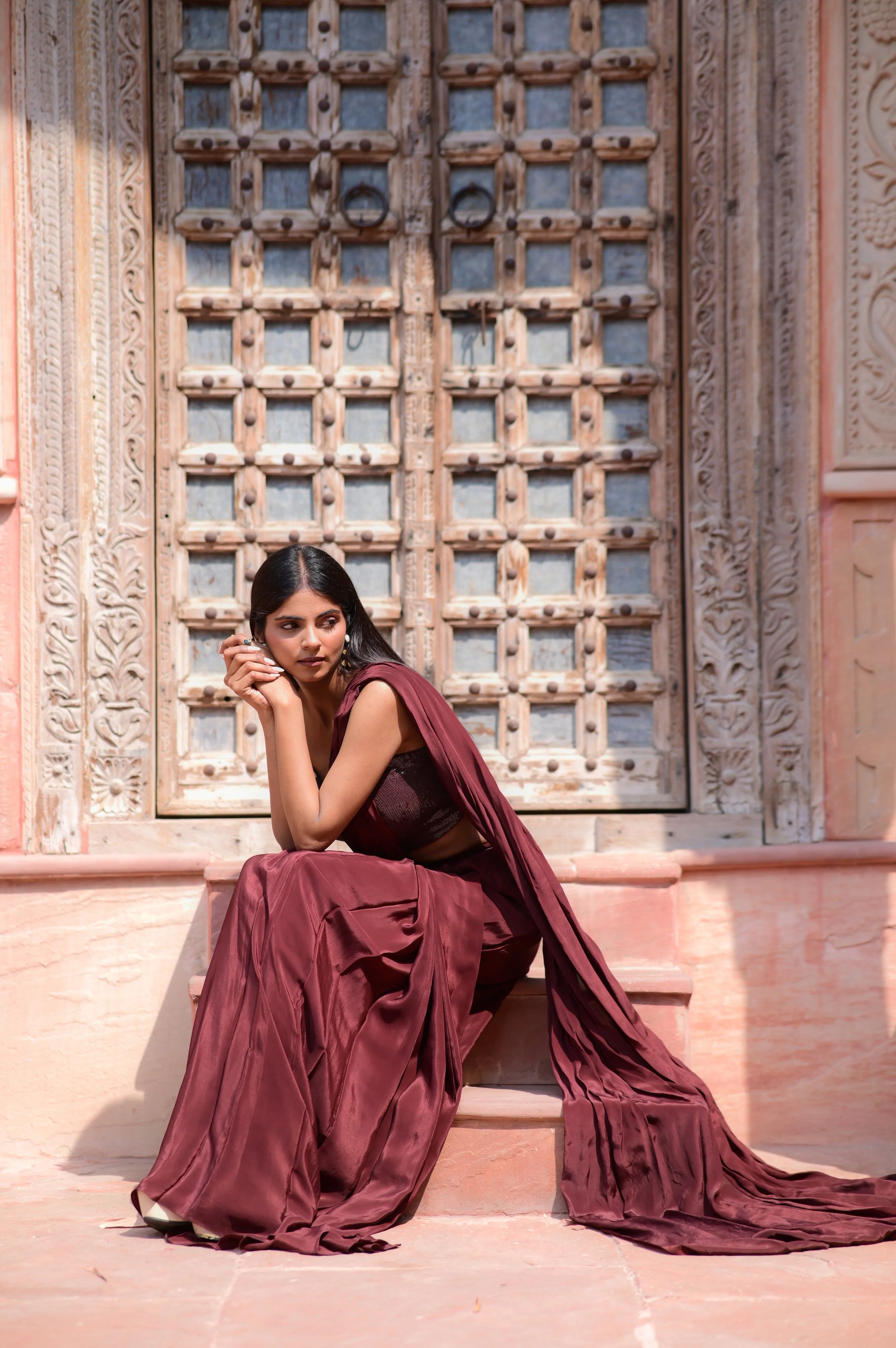 Deep Maroon Crepe Sequence Saree Set