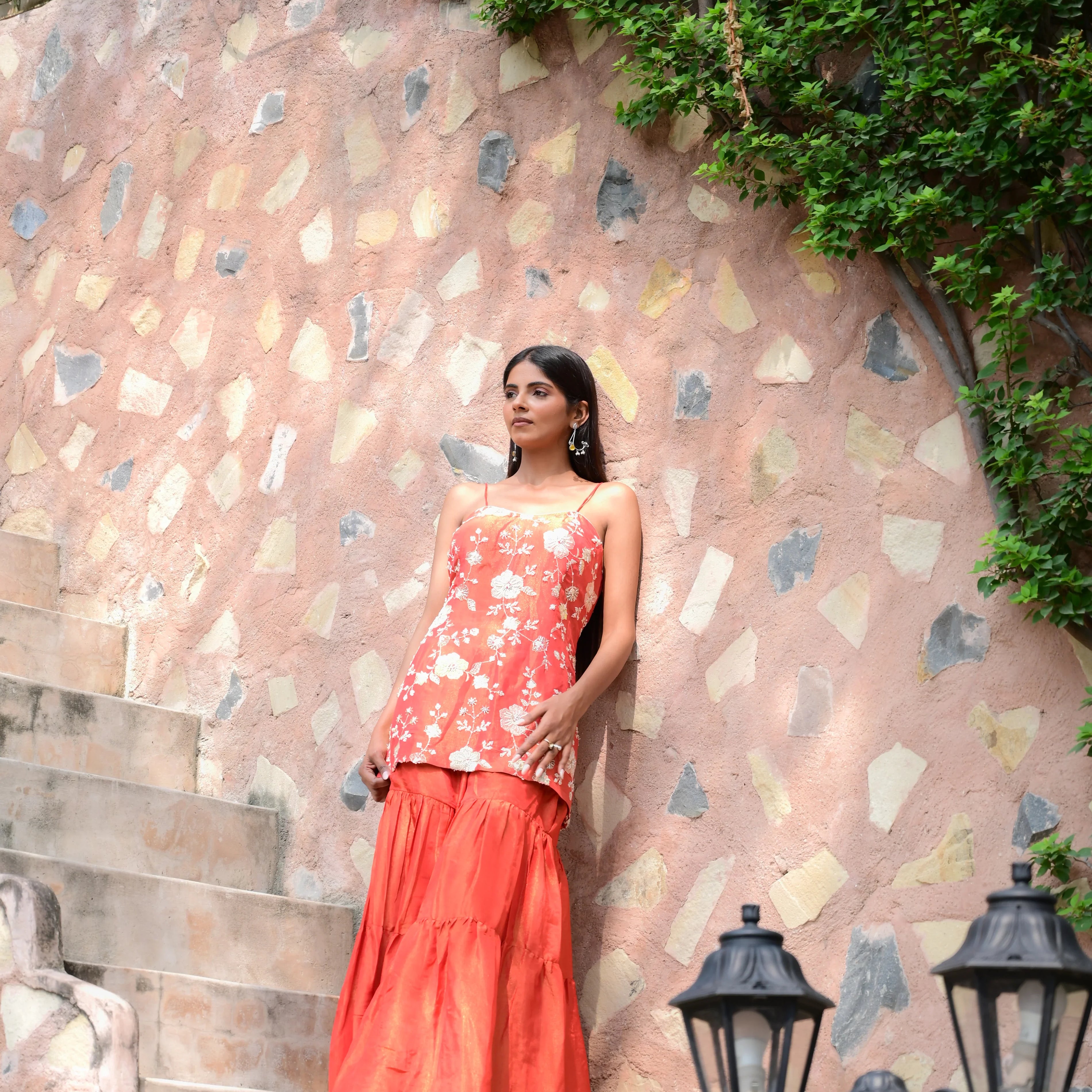 Coral Orange Tissue Floral Print Sharara Set