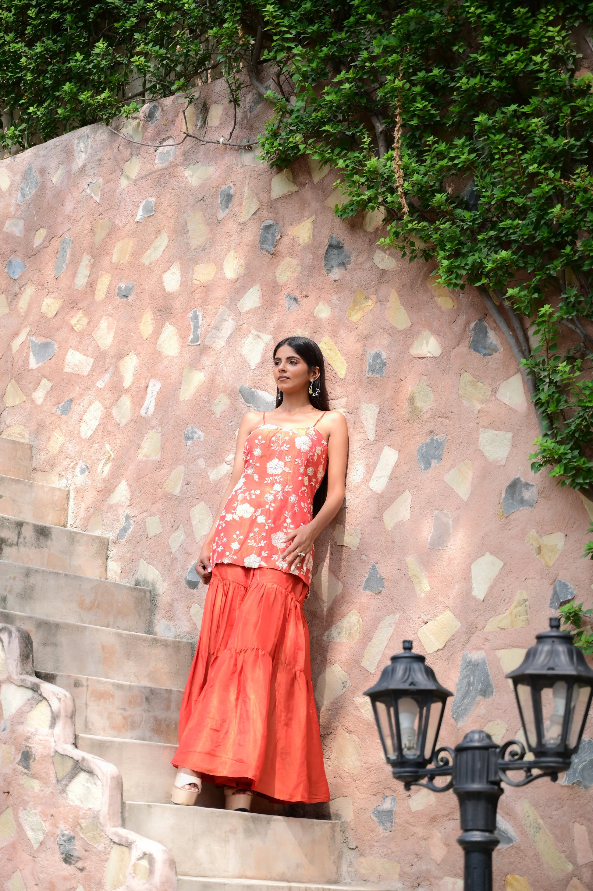 Coral Orange Tissue Floral Print Sharara Set