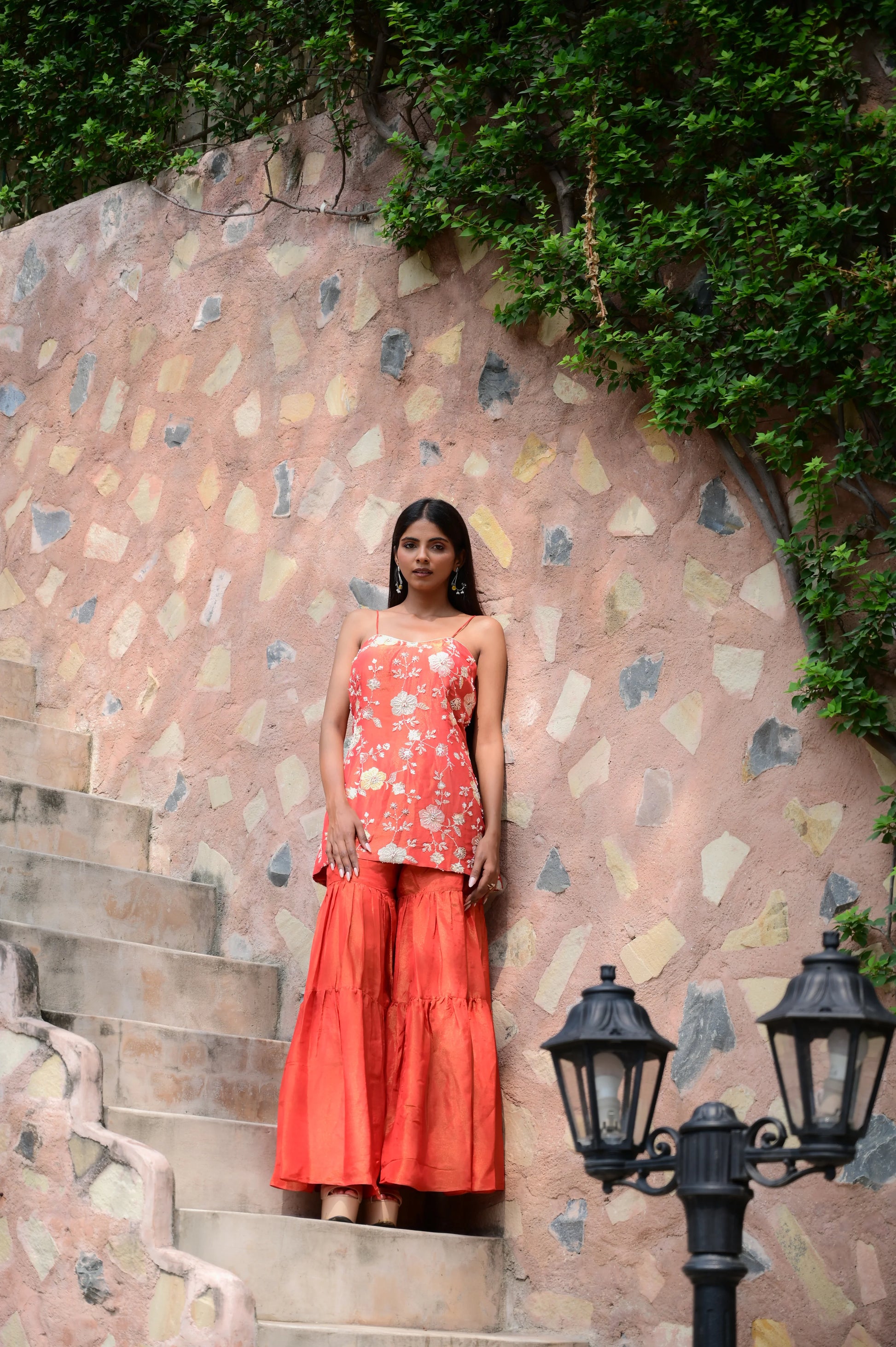 Coral Orange Tissue Floral Print Sharara Set