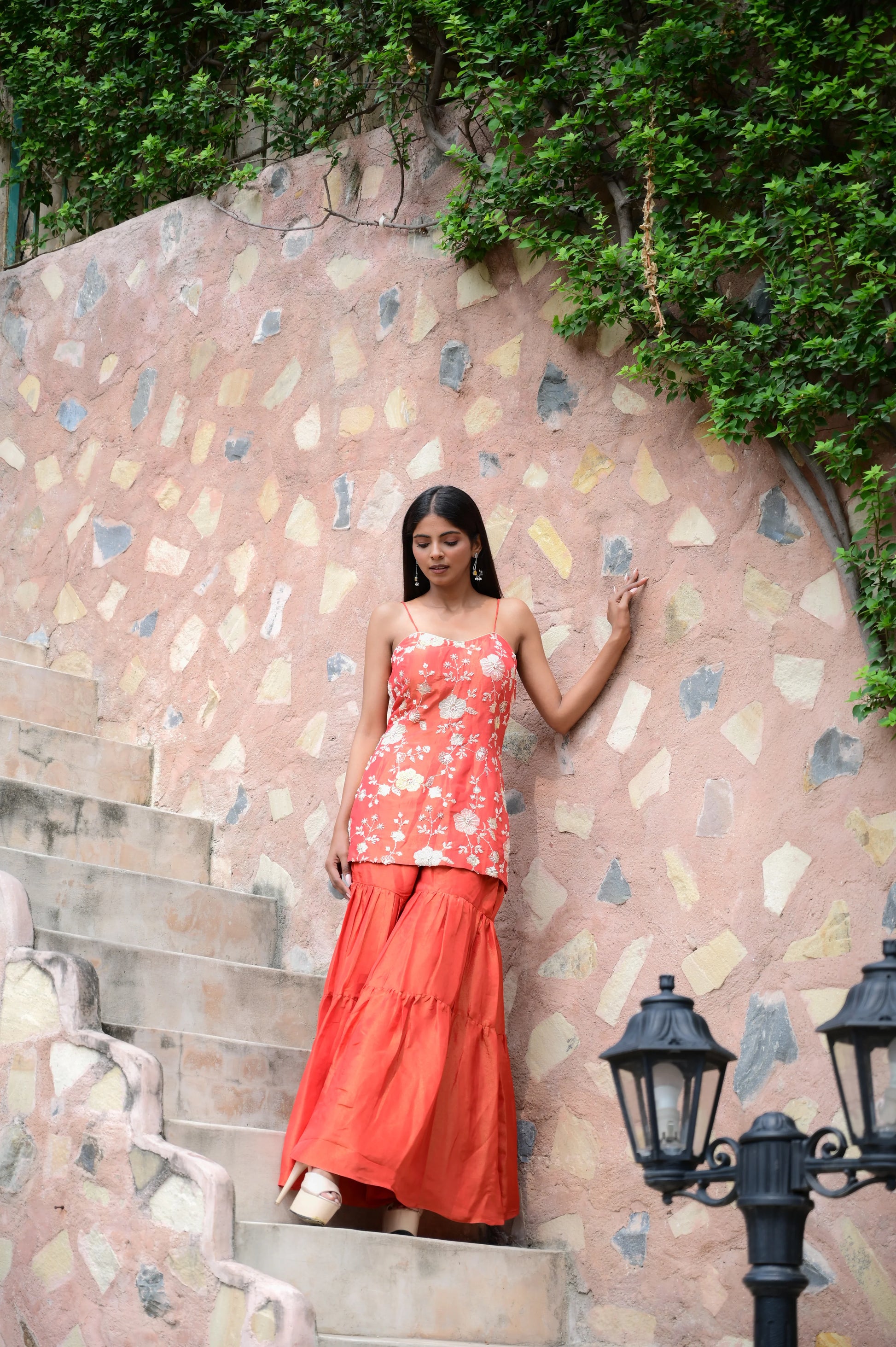 Coral Orange Tissue Floral Print Sharara Set