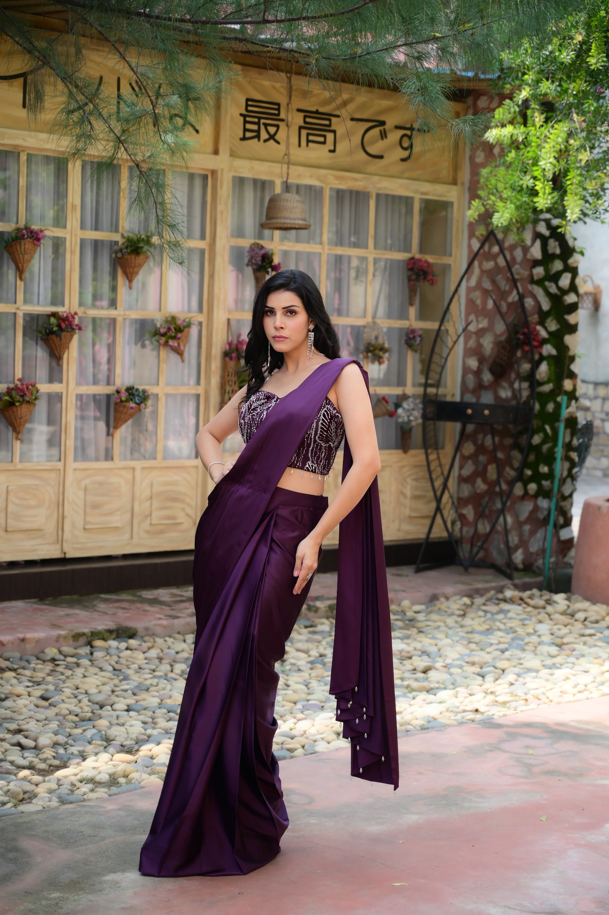 Deep Wine Satin Saree with Embellished Sequins Blouse