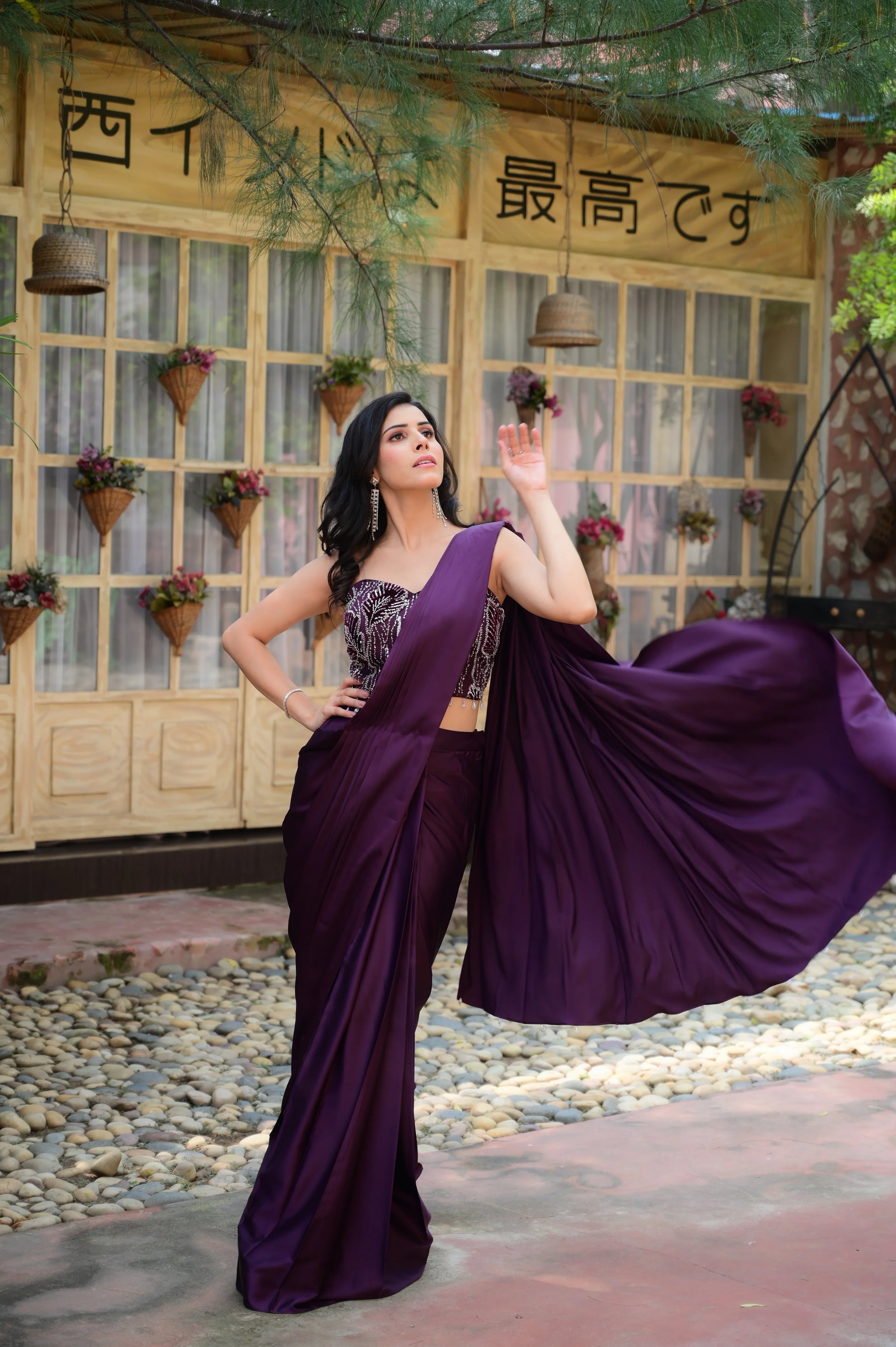 Deep Wine Satin Saree with Embellished Sequins Blouse