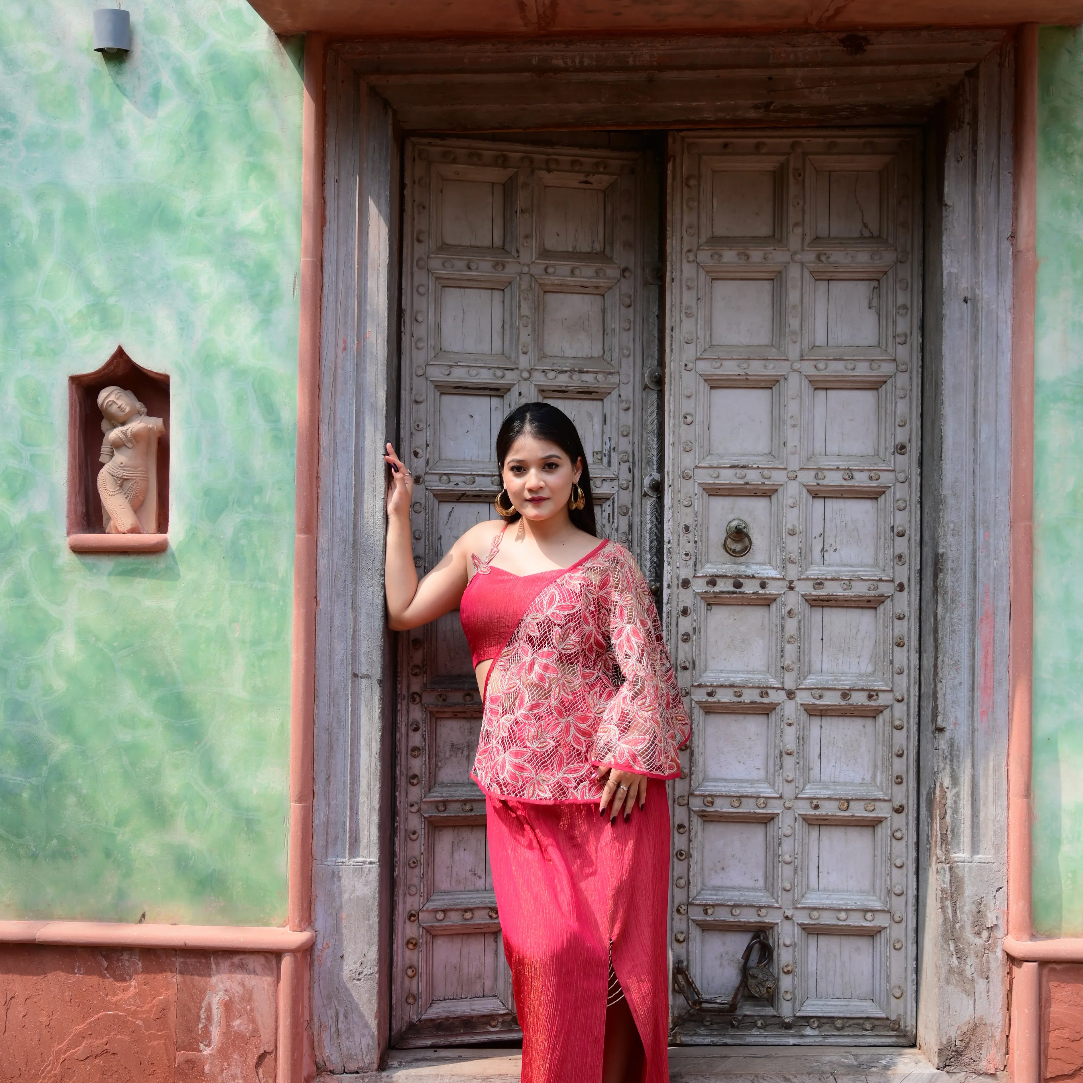 One-Shoulder Tissue Gown & Embroidered Drape Set