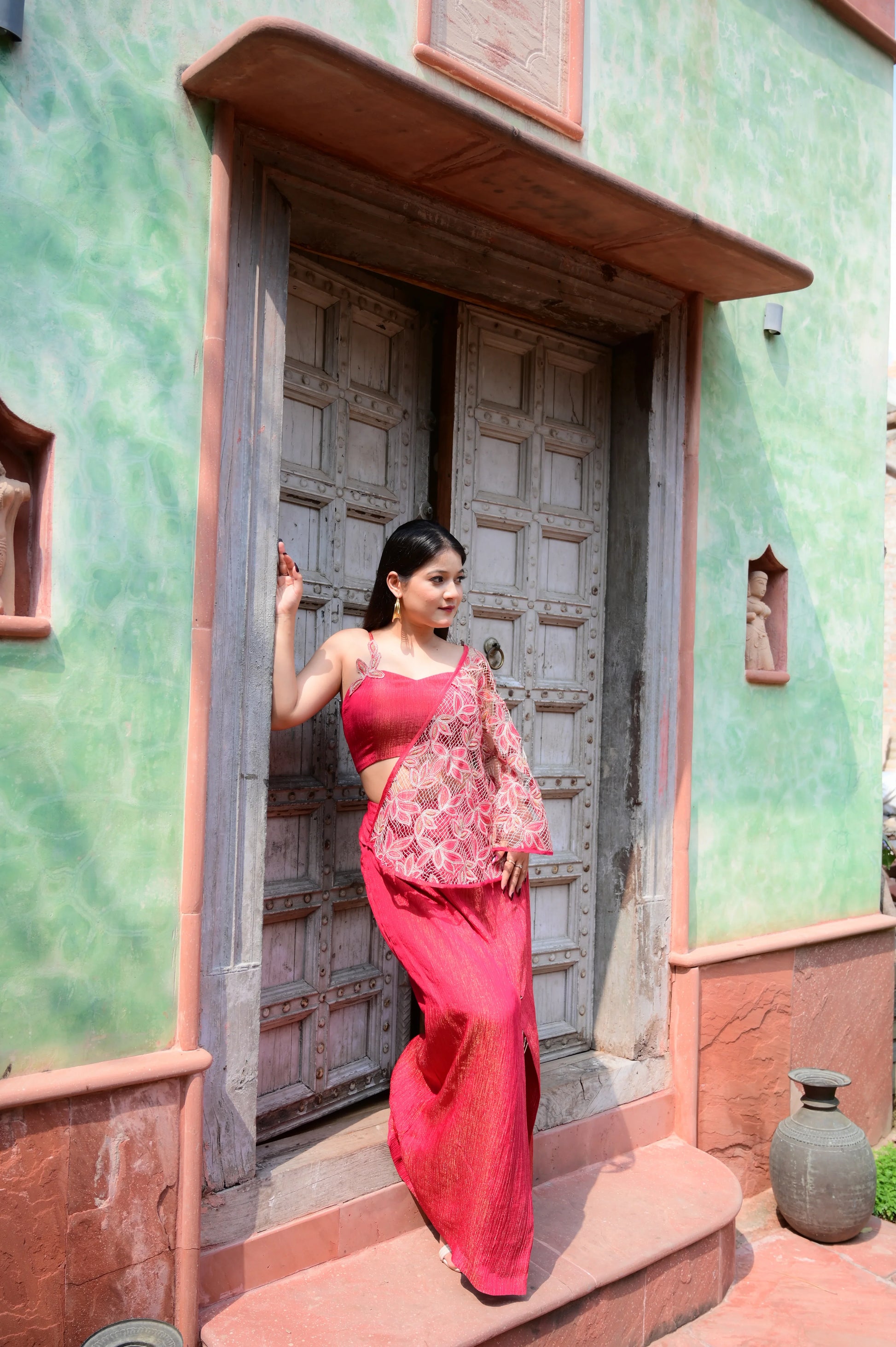One-Shoulder Tissue Gown & Embroidered Drape Set