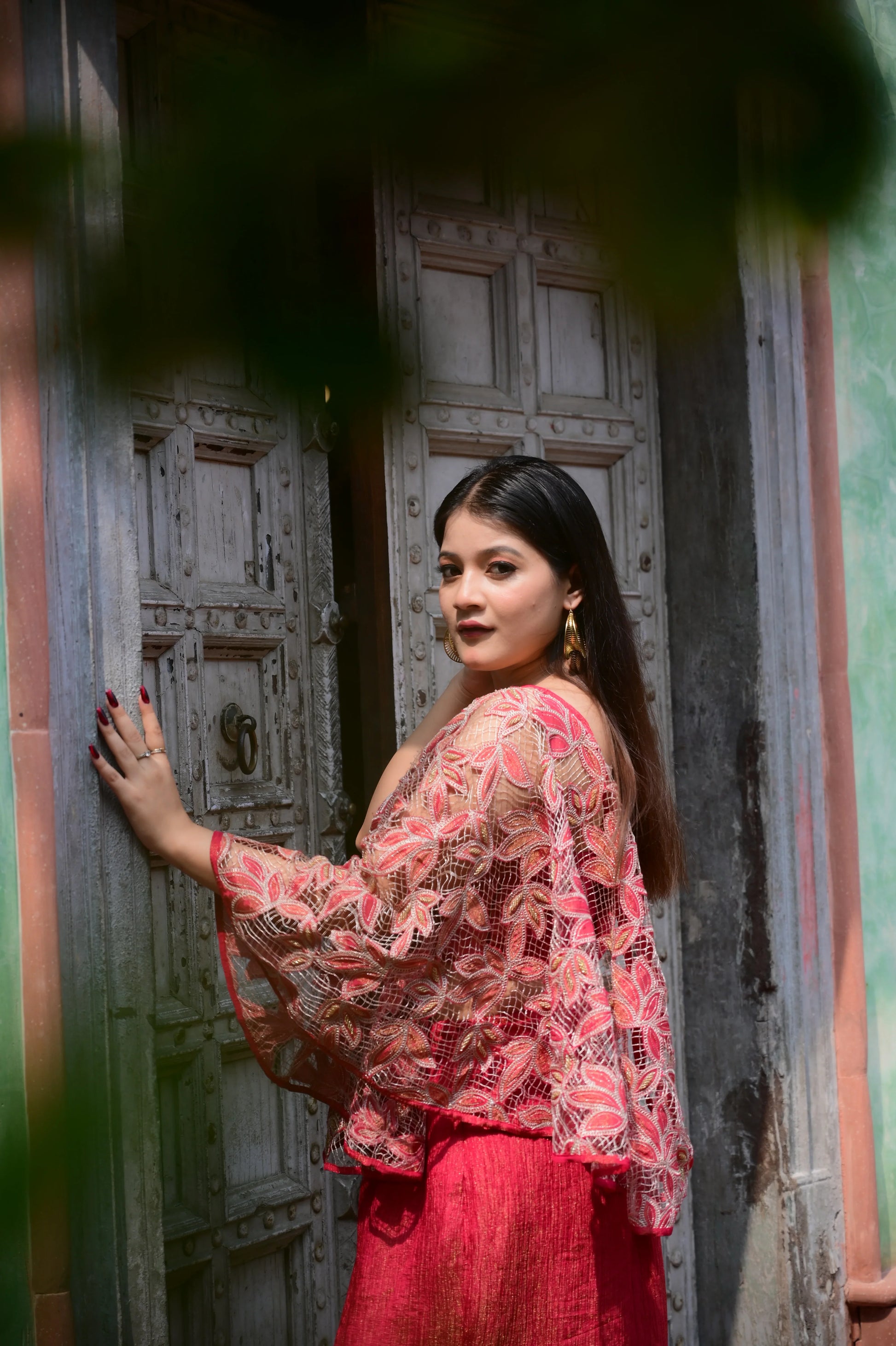 One-Shoulder Tissue Gown & Embroidered Drape Set