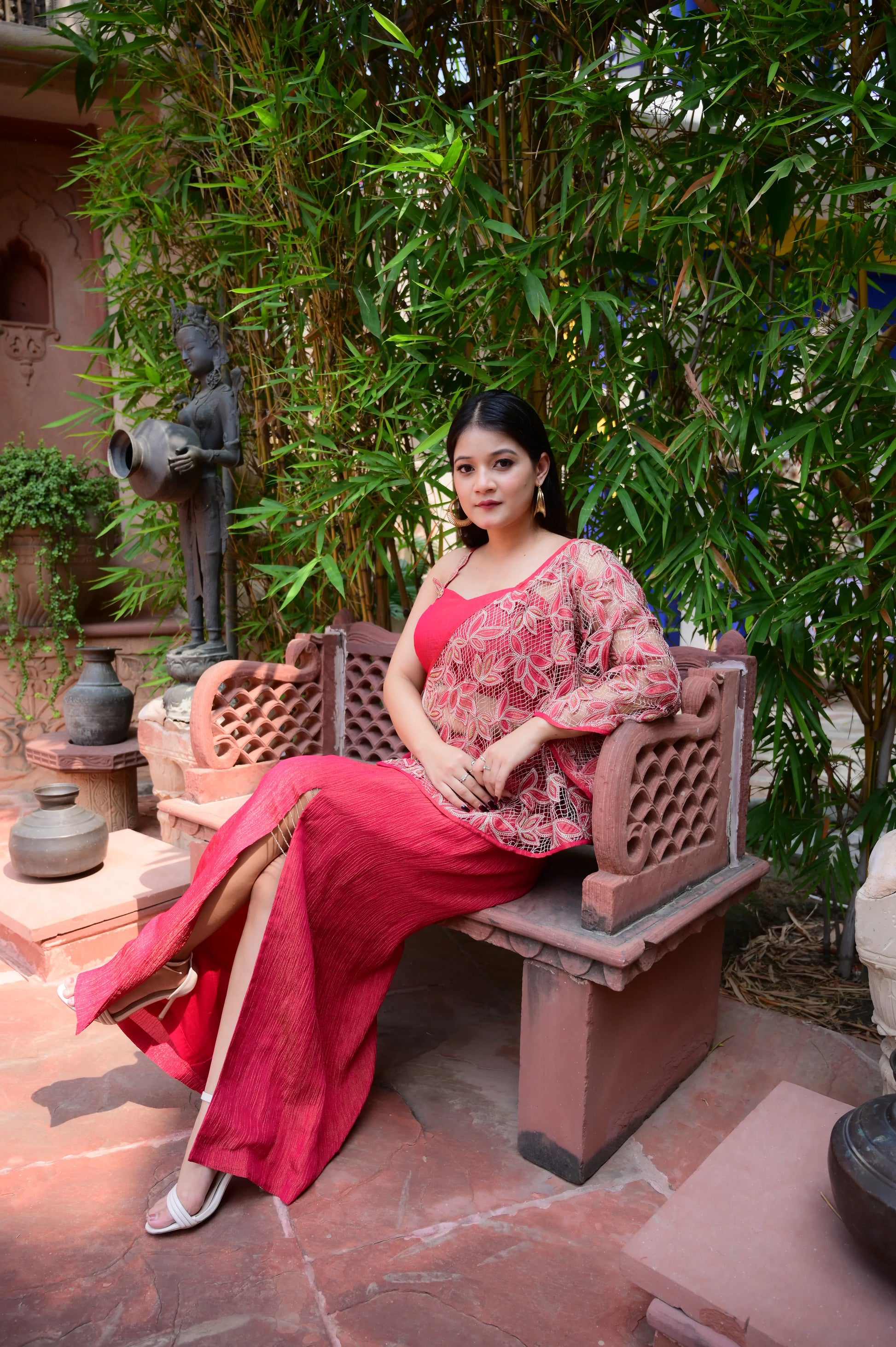 One-Shoulder Tissue Gown & Embroidered Drape Set