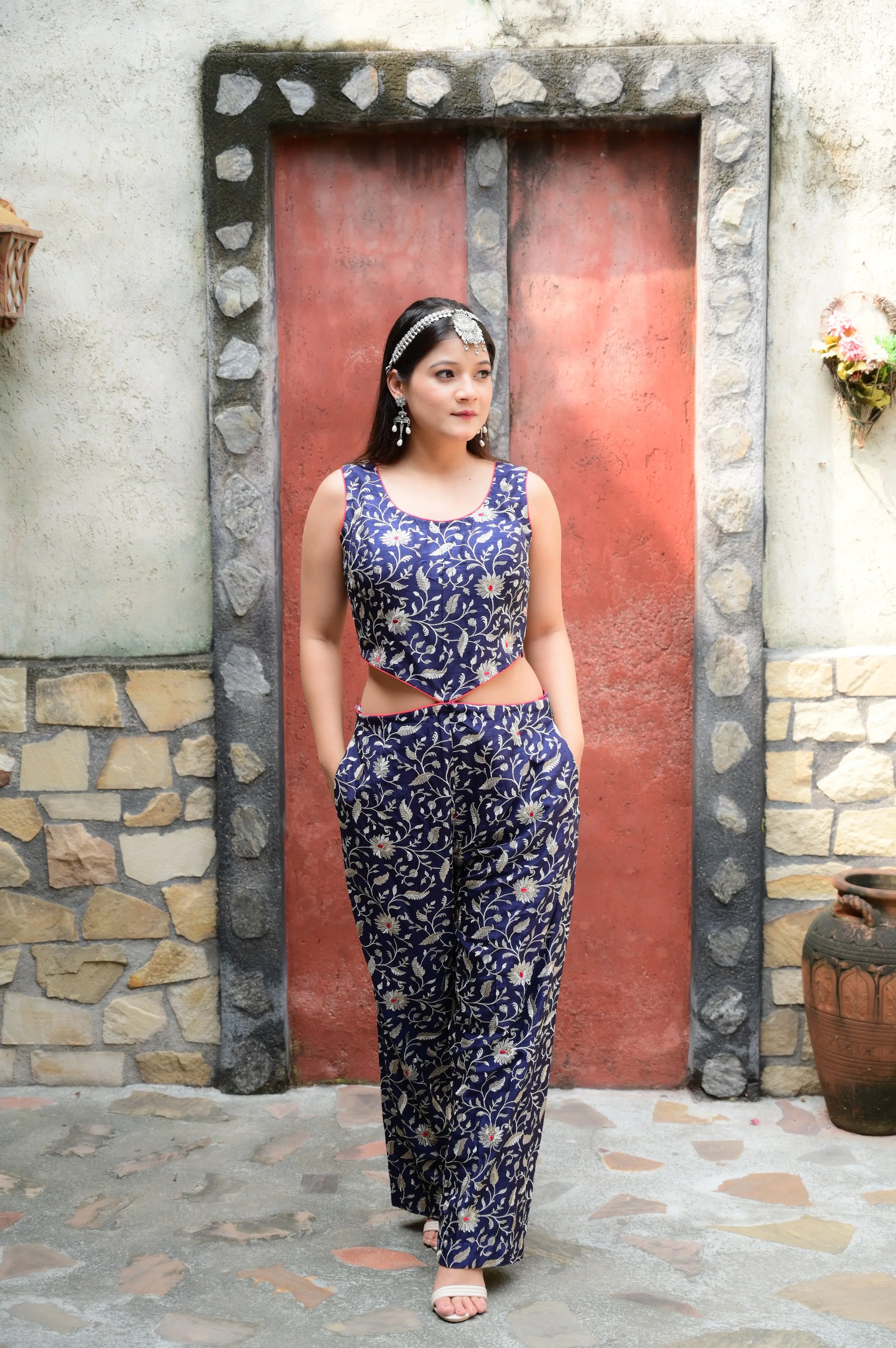 Navy Blue Brocade Floral Co-ord Set