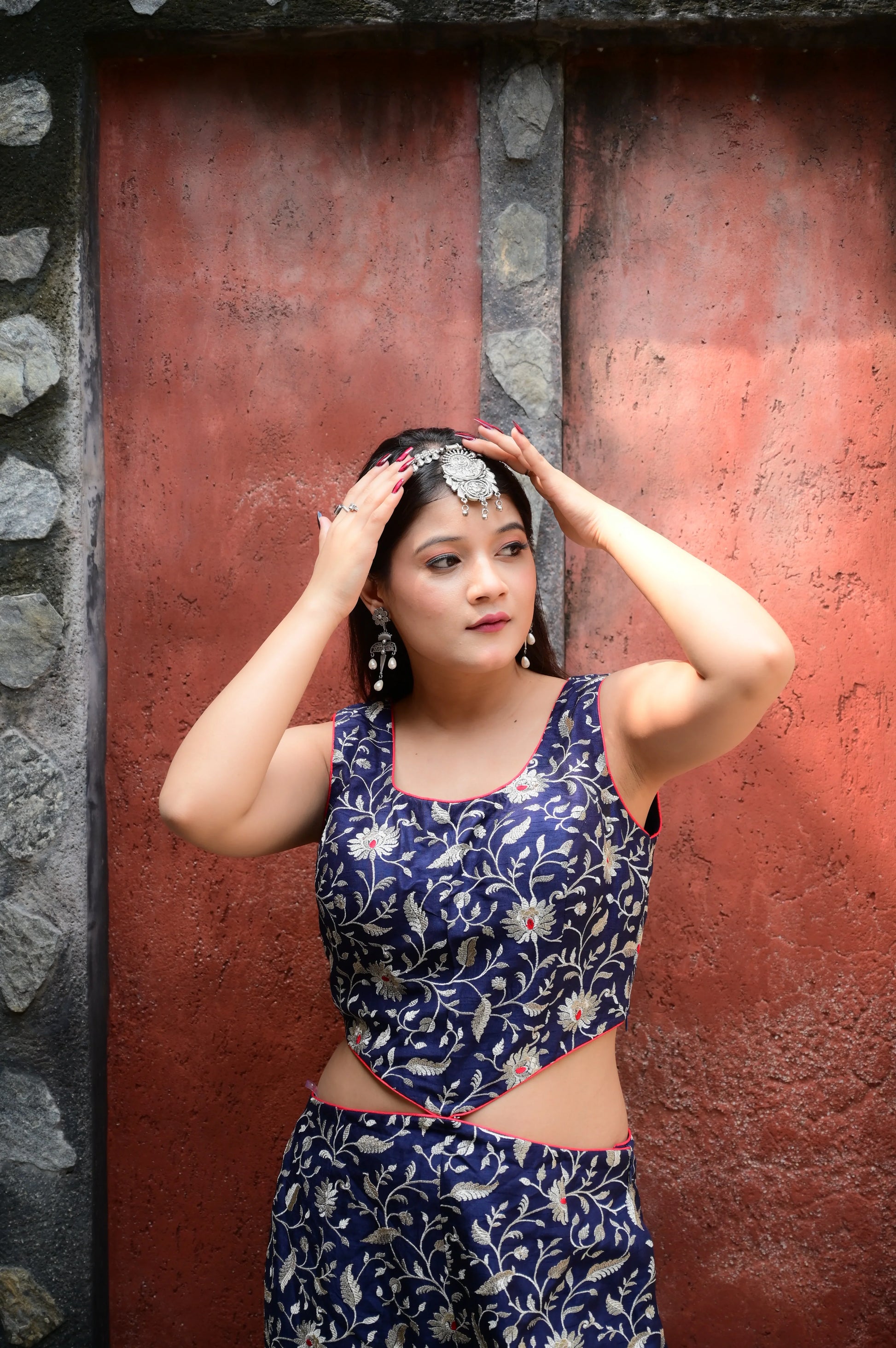 Navy Blue Brocade Floral Co-ord Set
