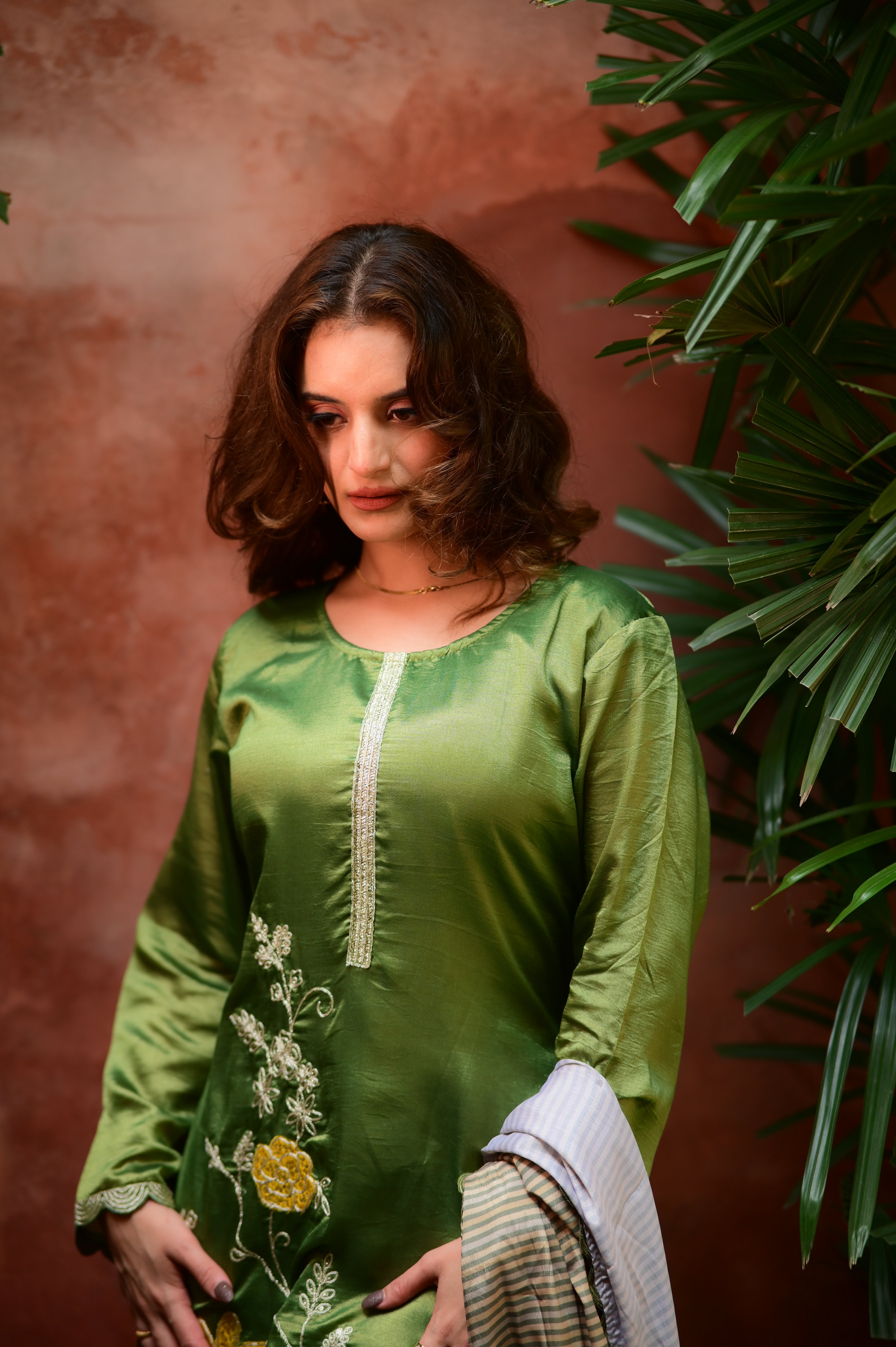 Olive Green Embroidered Silk Kurta