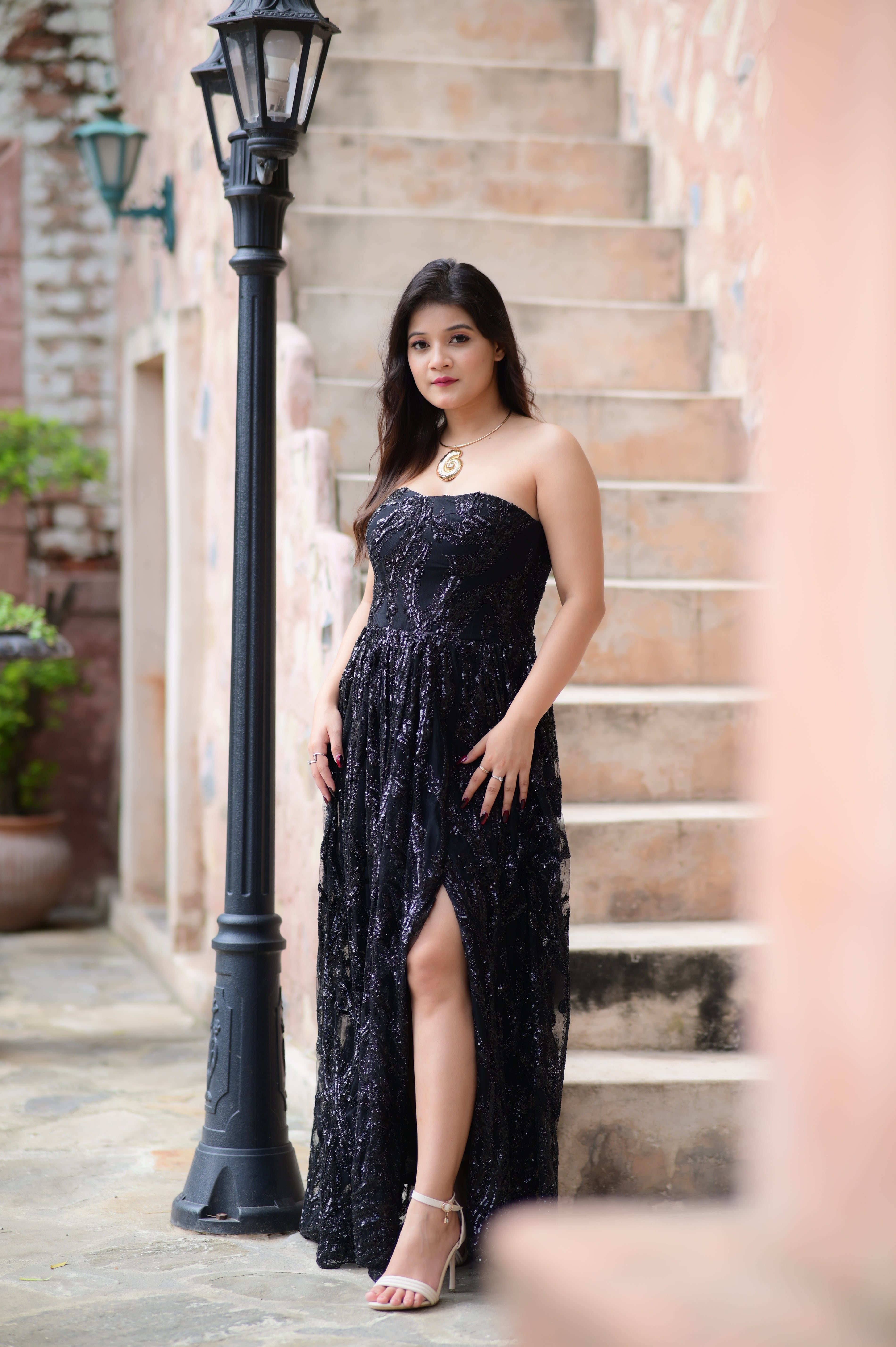 Black Sequined Brocade Strapless Slit Gown