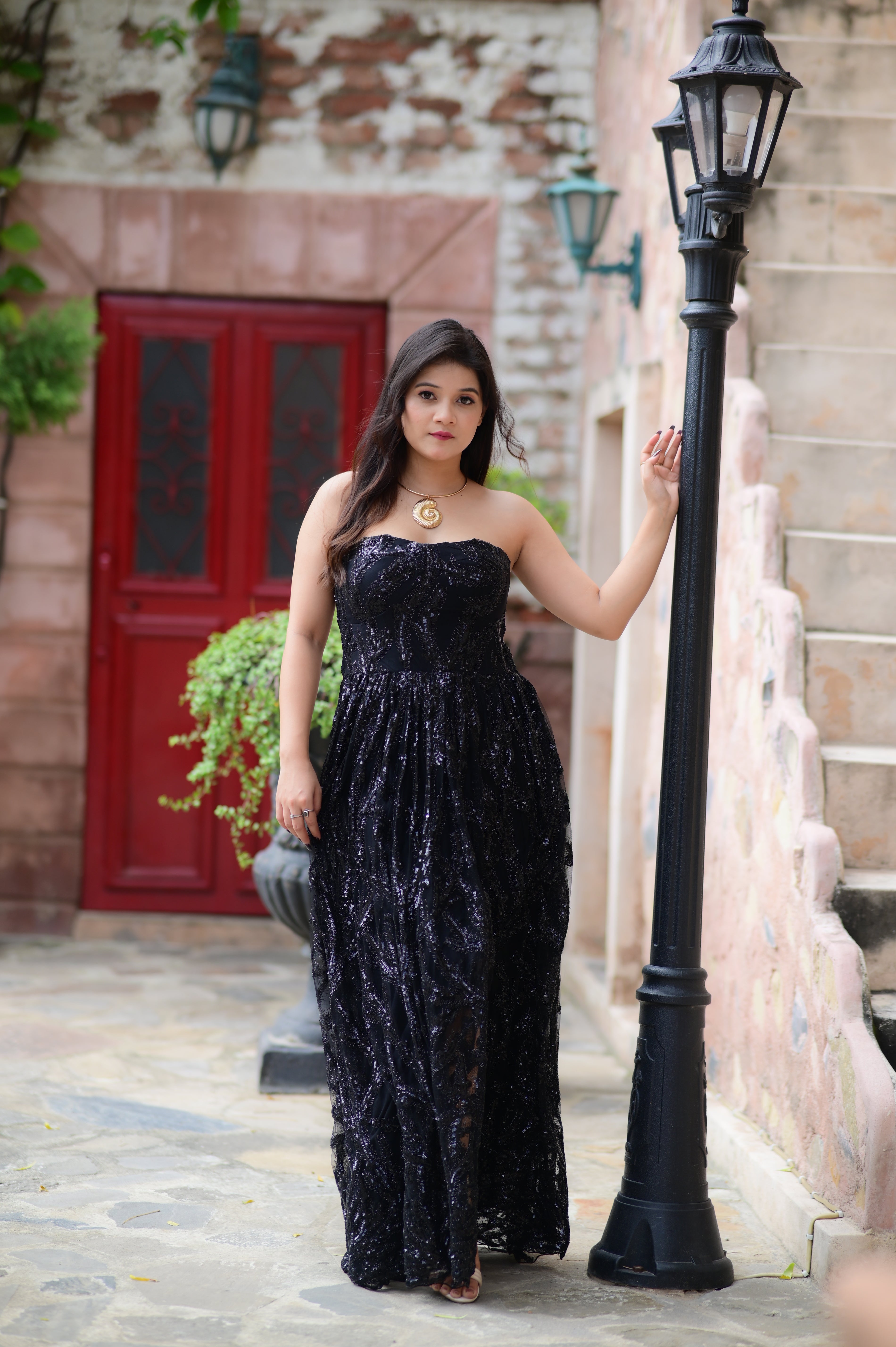 Black Sequined Brocade Strapless Slit Gown