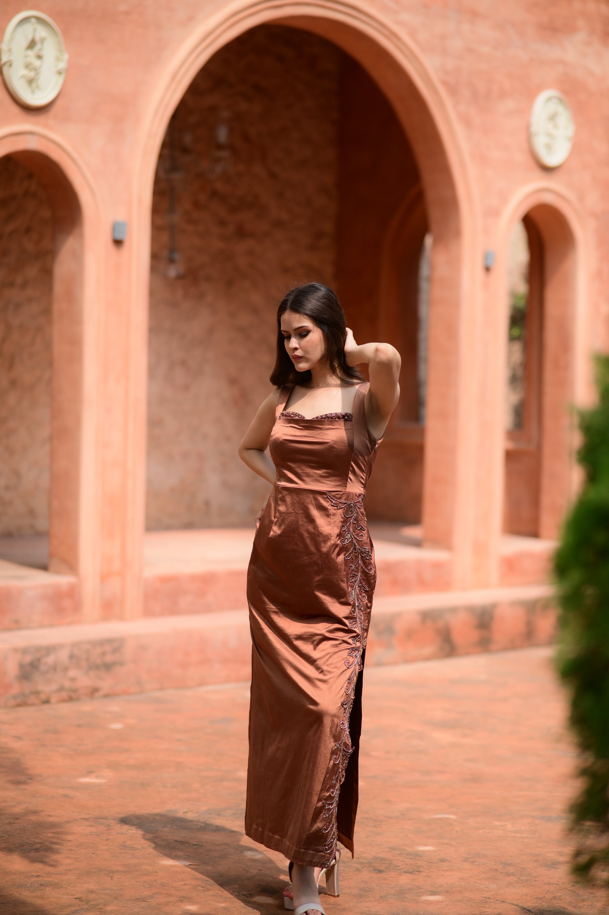 Bronze Brocade Embroidered Gown