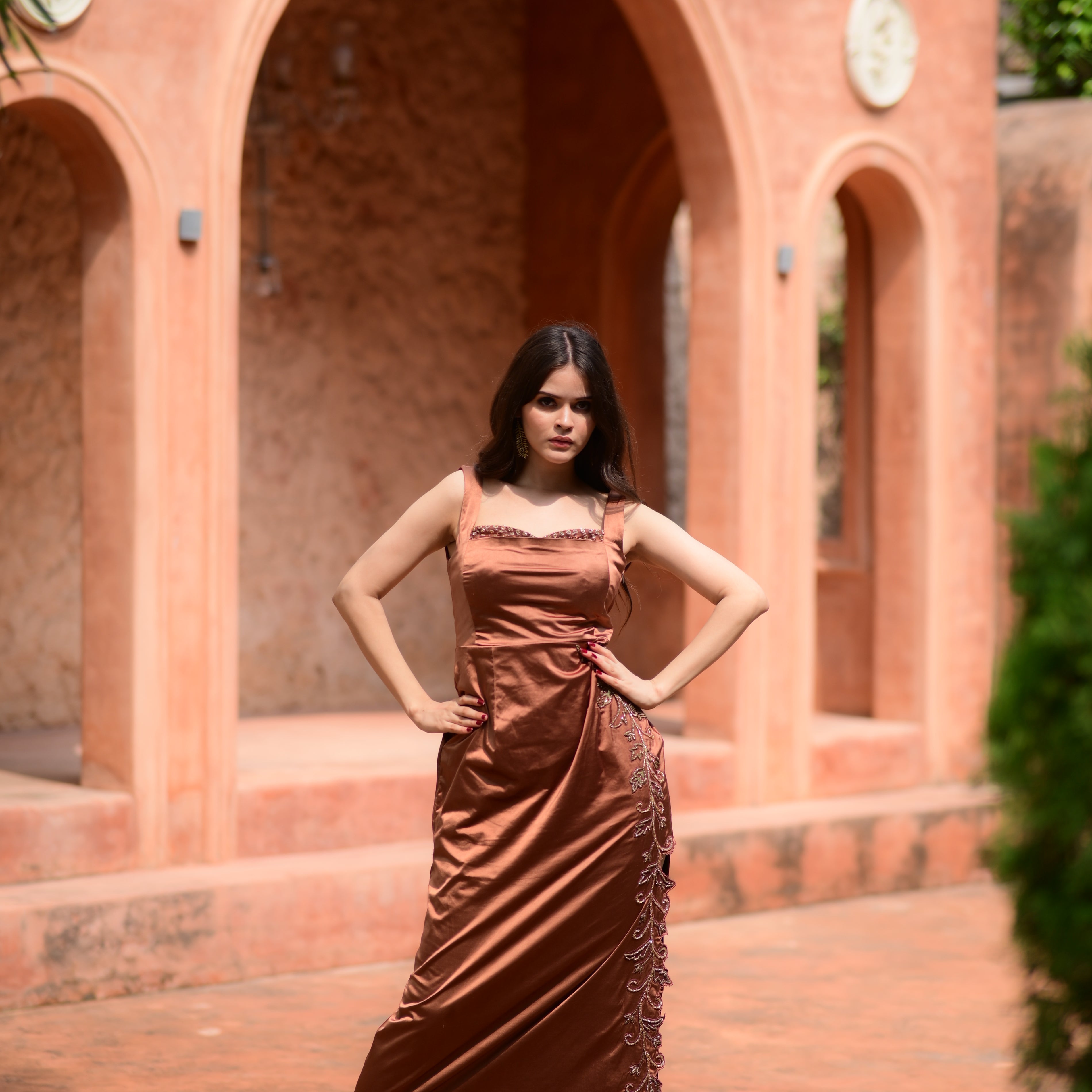Bronze Brocade Embroidered Gown