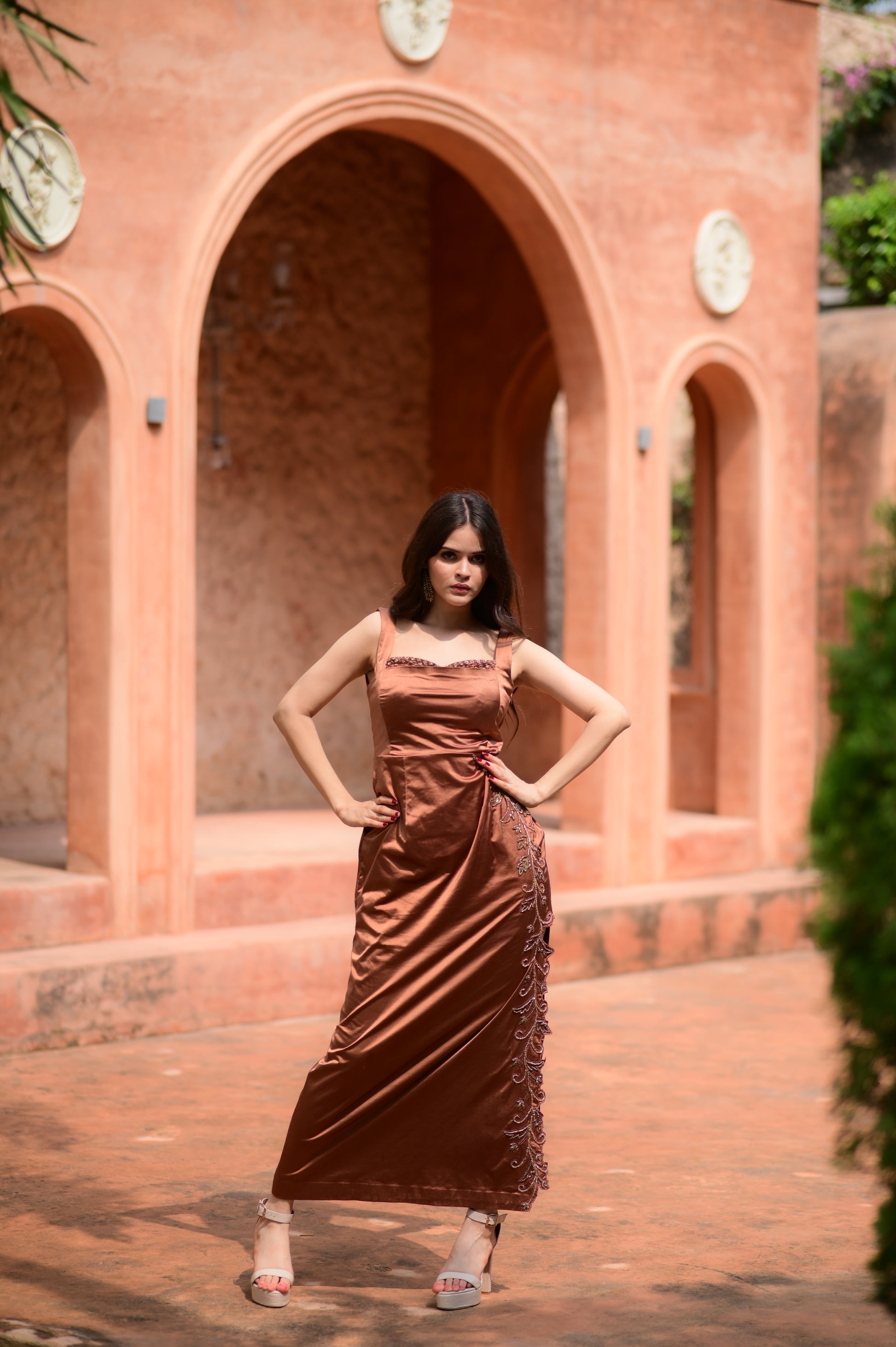 Bronze Brocade Embroidered Gown