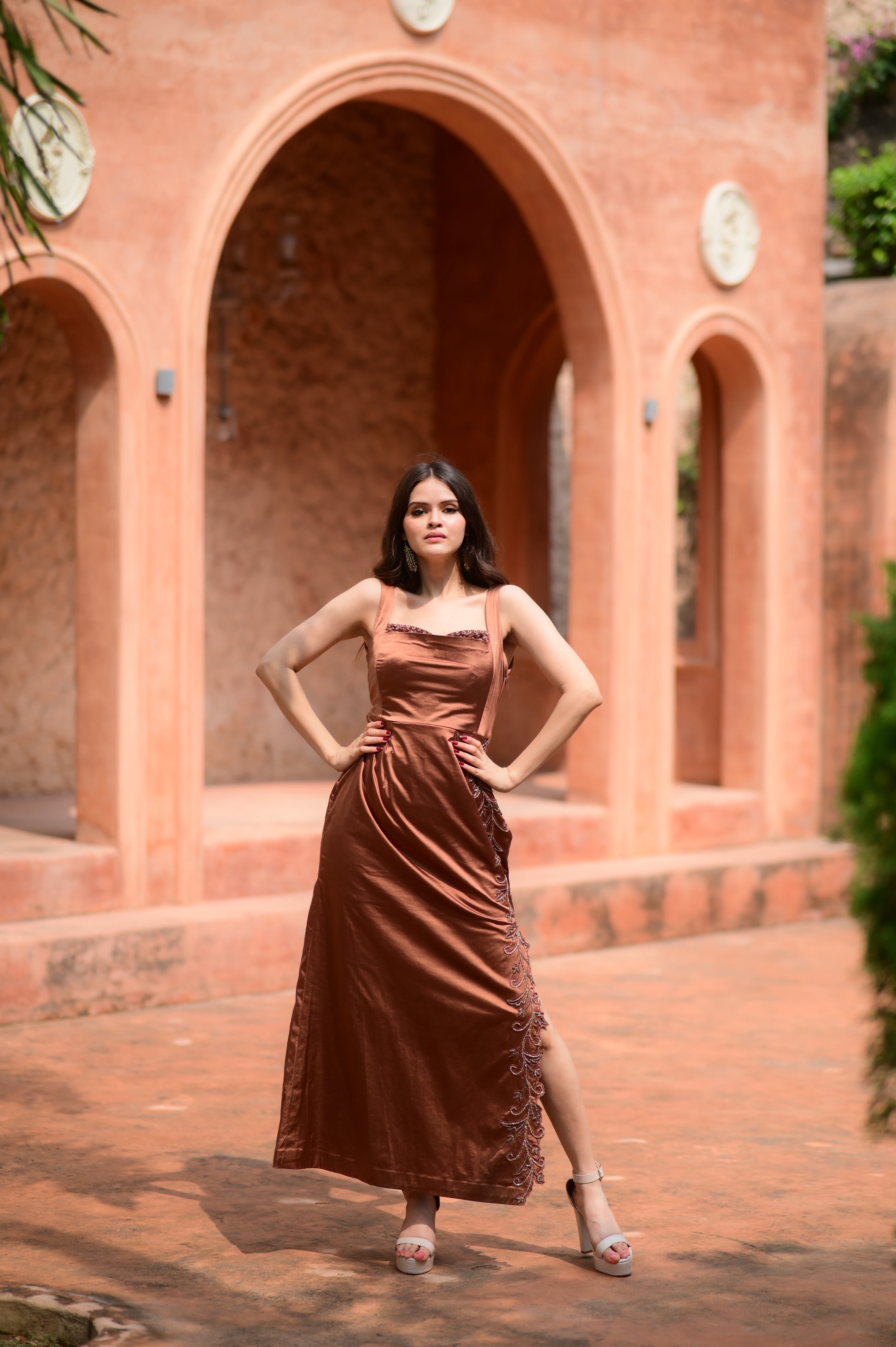 Bronze Brocade Embroidered Gown