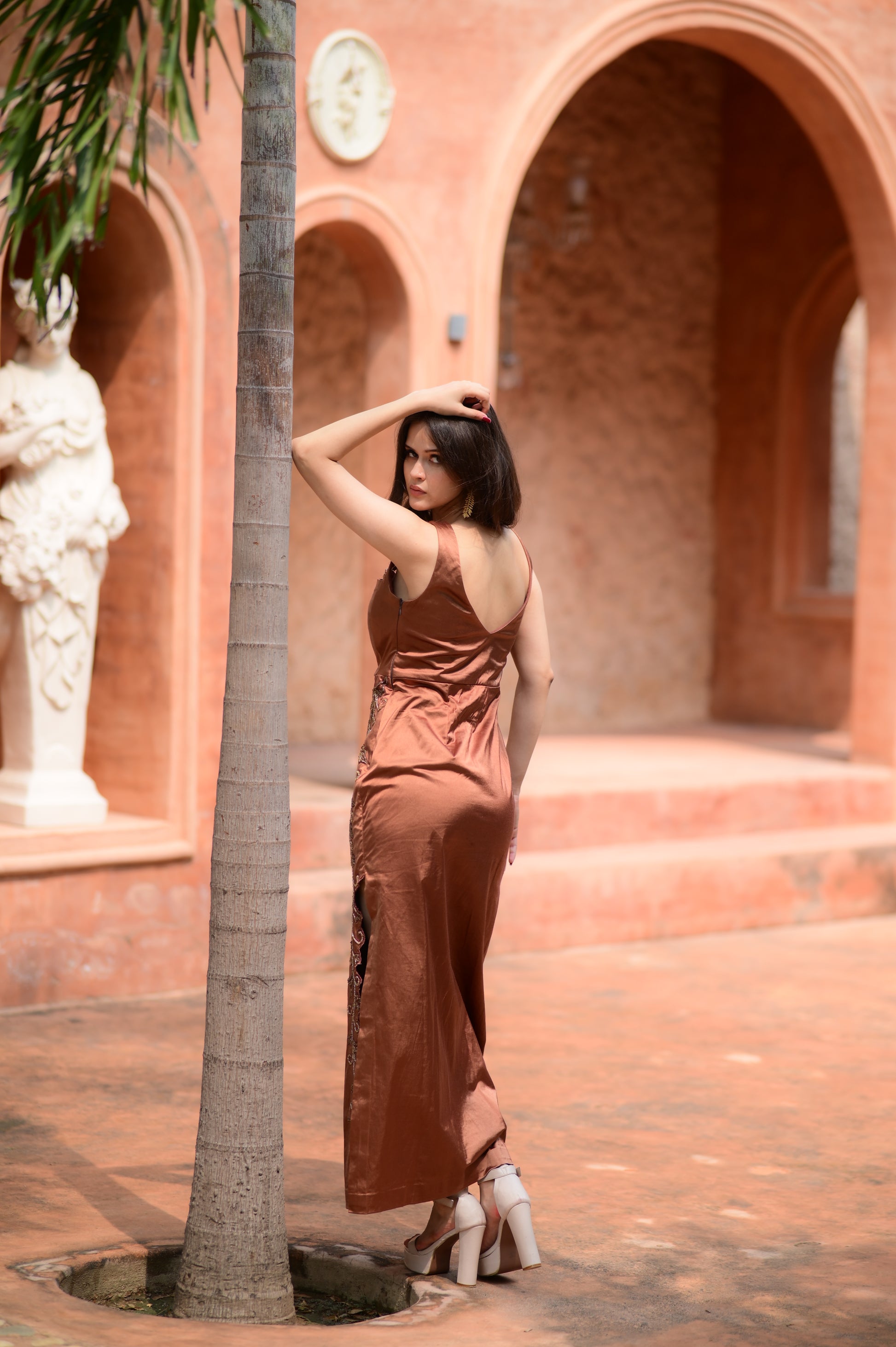 Bronze Brocade Embroidered Gown