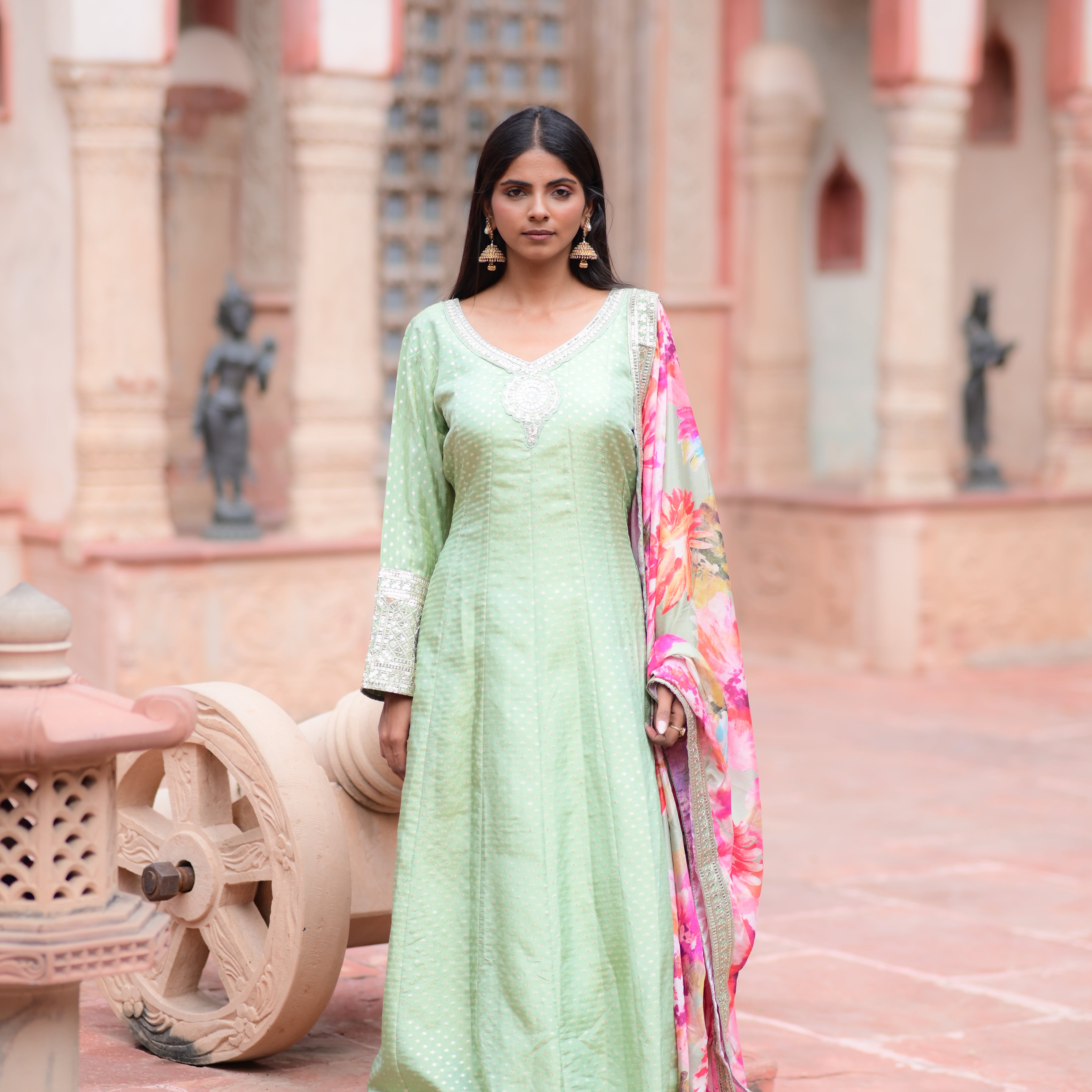 Pastel Mint Anarkali Kurta Set with Floral Print Dupatta