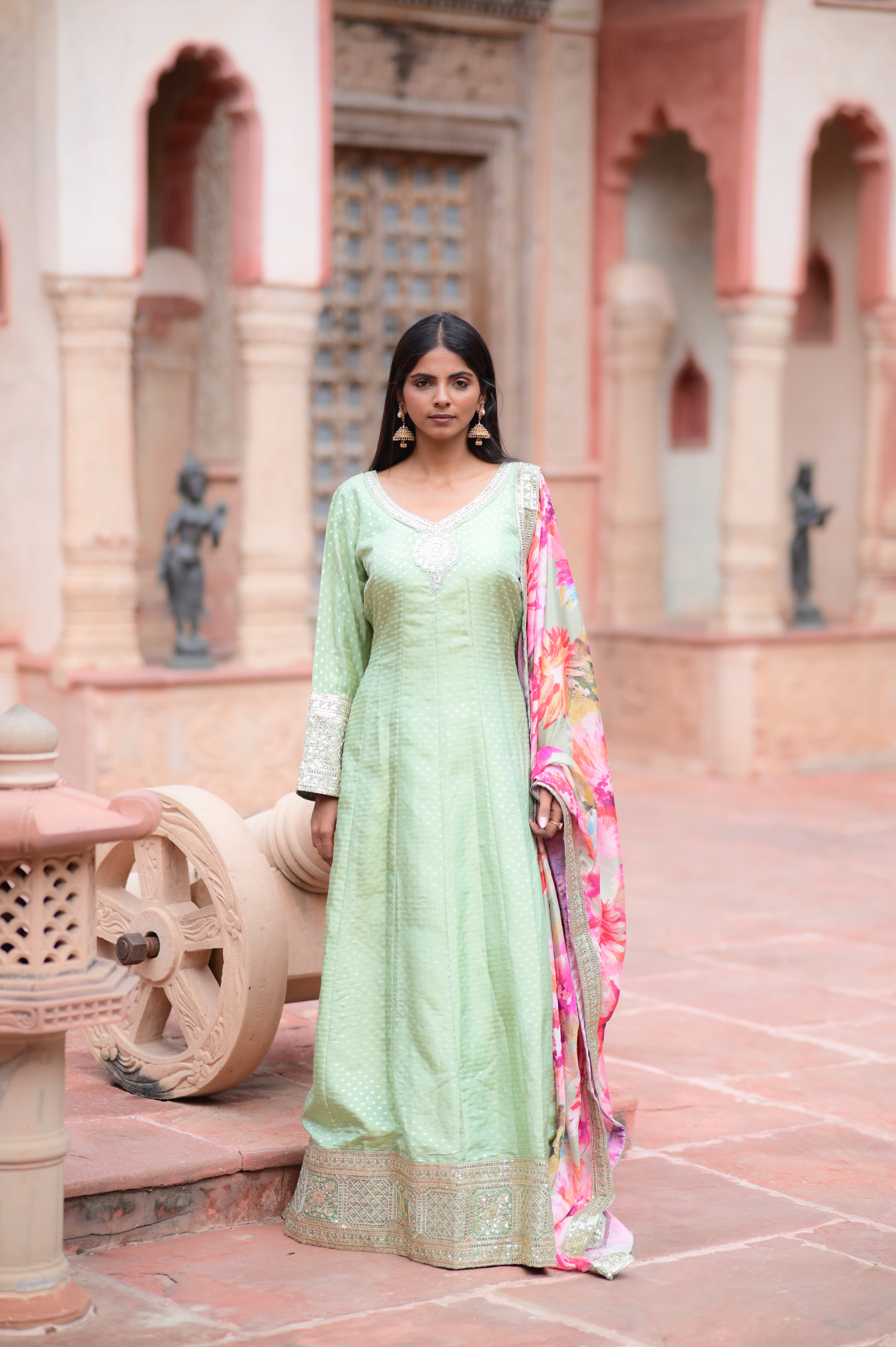 Pastel Mint Anarkali Kurta Set with Floral Print Dupatta