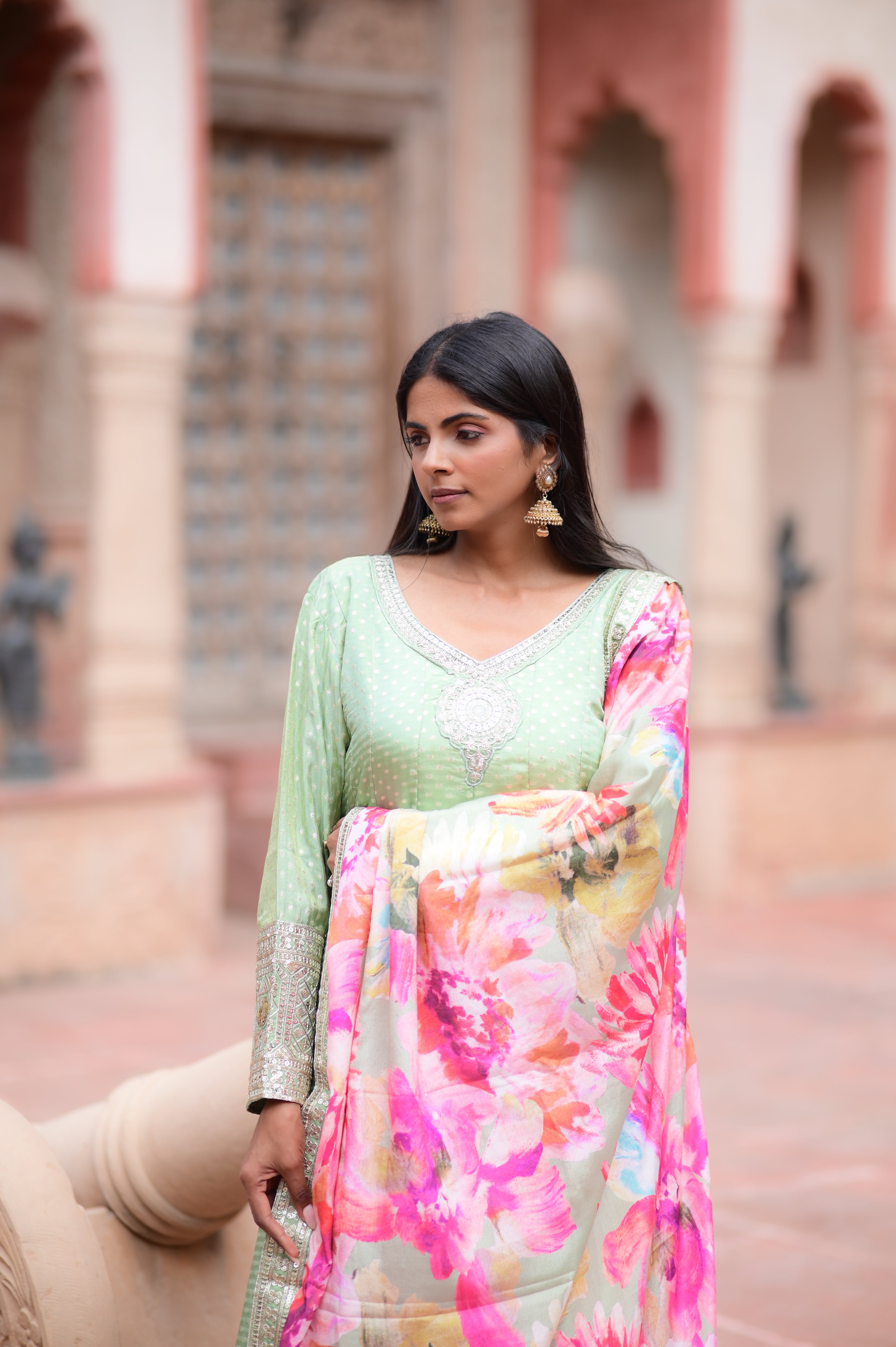 Pastel Mint Anarkali Kurta Set with Floral Print Dupatta