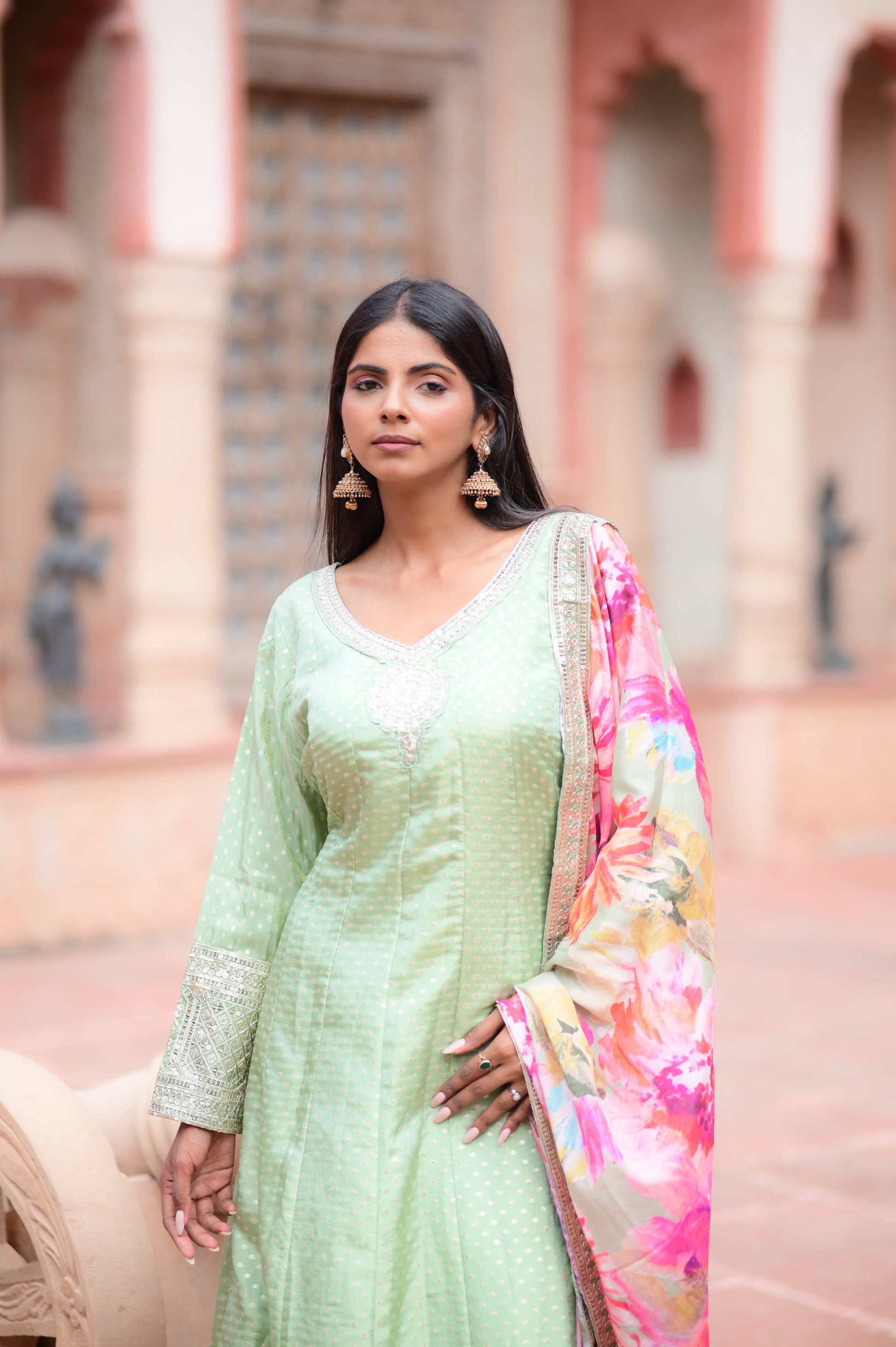 Pastel Mint Anarkali Kurta Set with Floral Print Dupatta