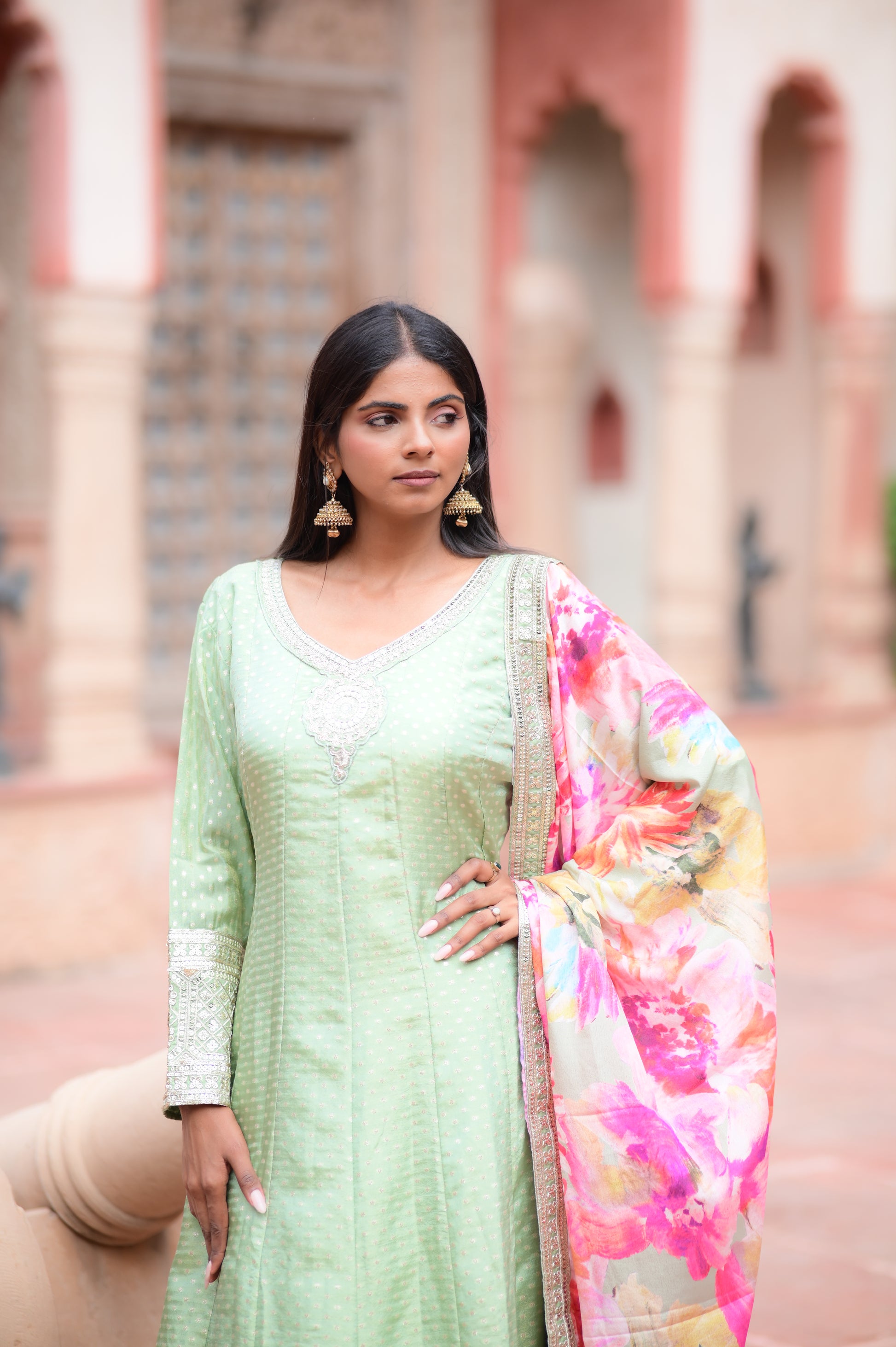 Pastel Mint Anarkali Kurta Set with Floral Print Dupatta