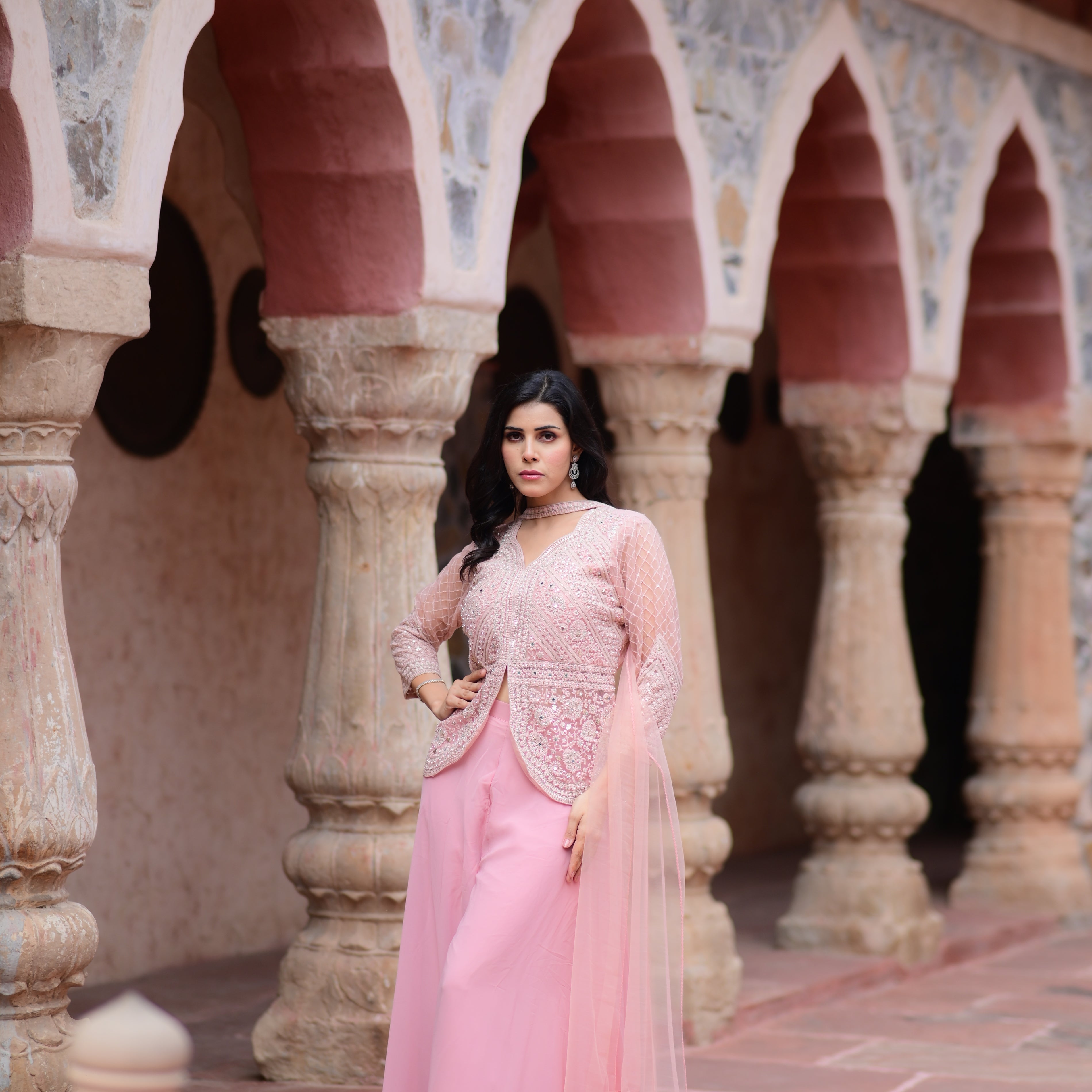 Pastel Pink Embroidered Jacket Palazzo Set