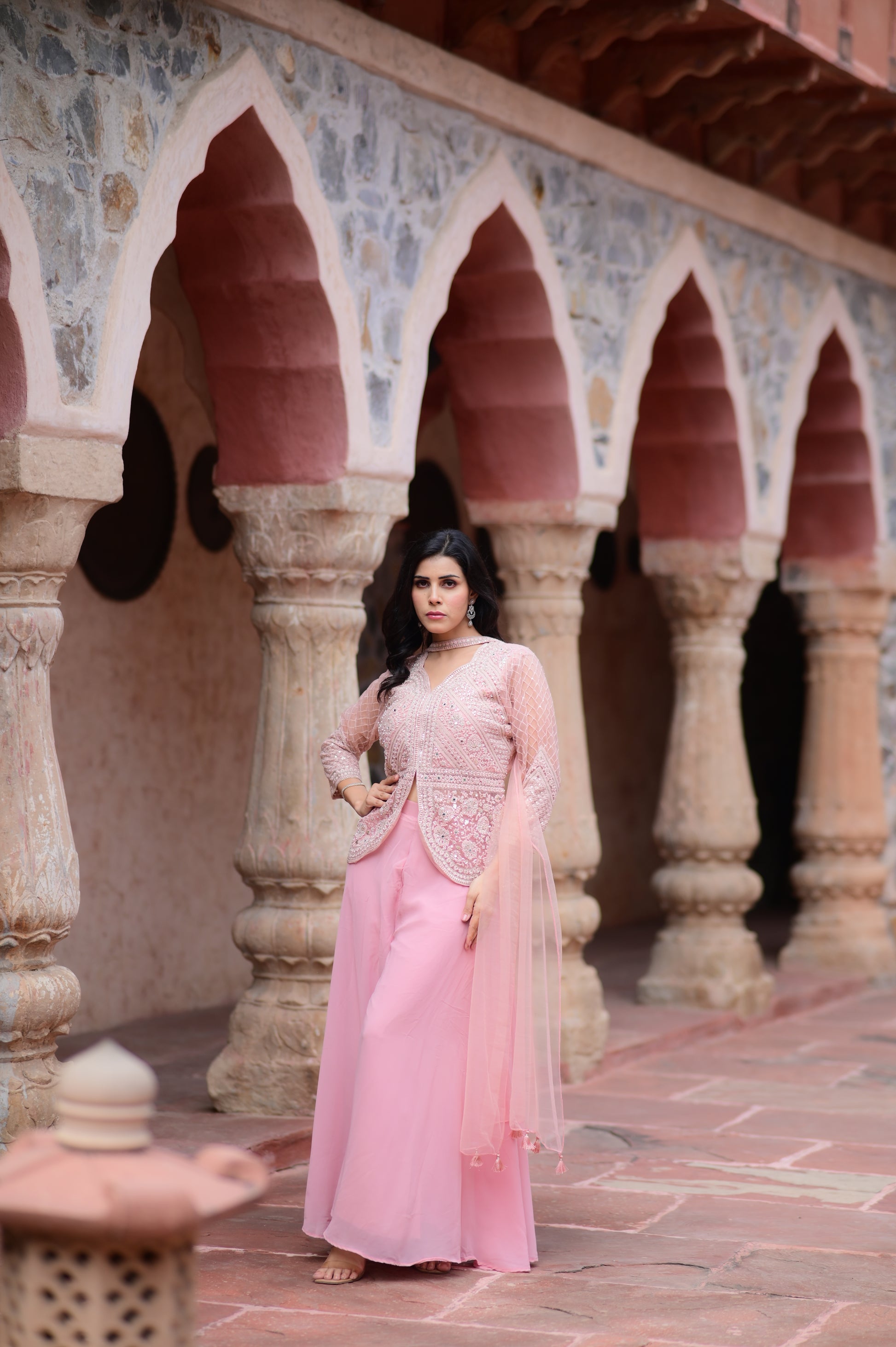Pastel Pink Embroidered Jacket Palazzo Set