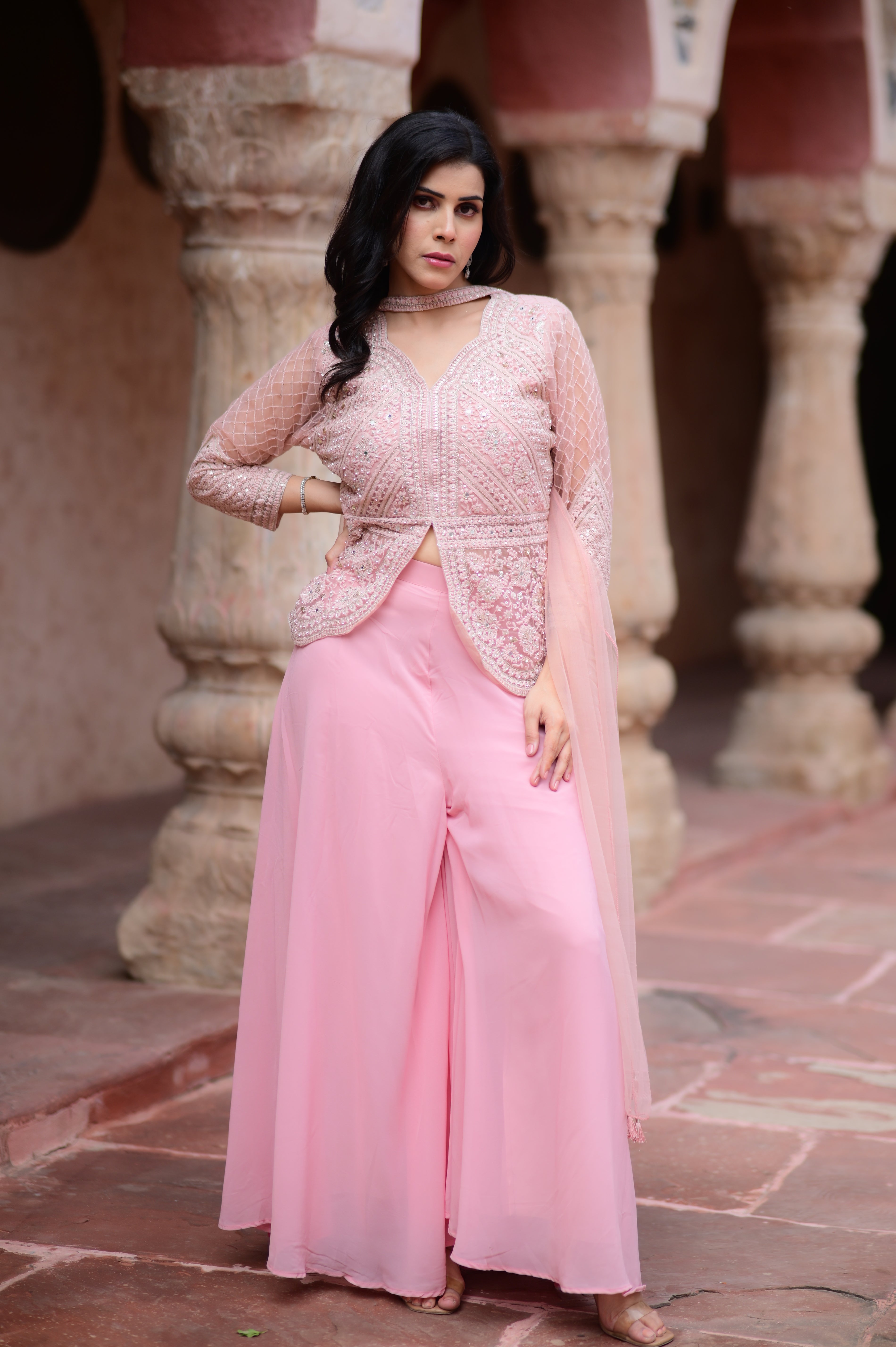 Pastel Pink Embroidered Jacket Palazzo Set