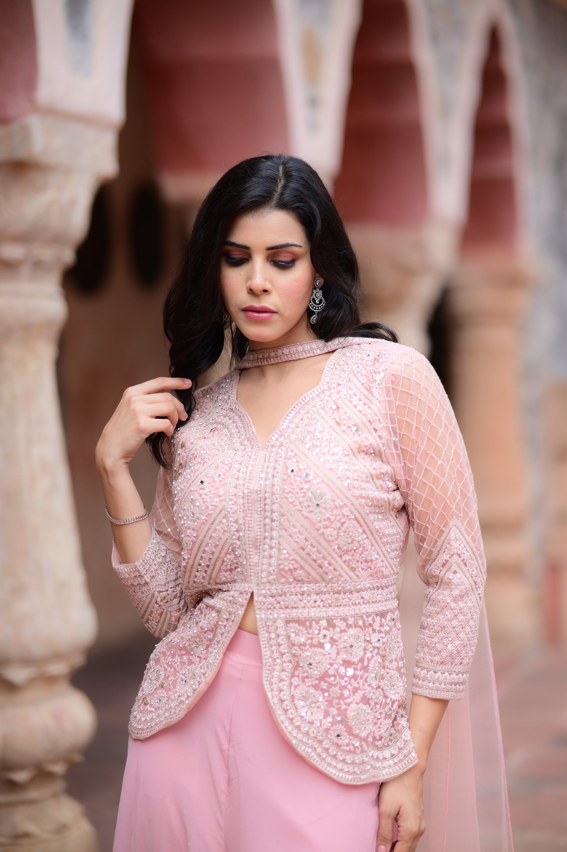 Pastel Pink Embroidered Jacket Palazzo Set