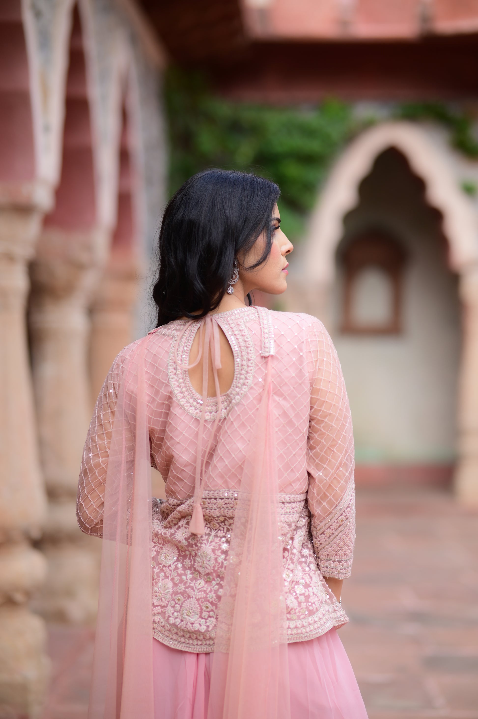 Pastel Pink Embroidered Jacket Palazzo Set