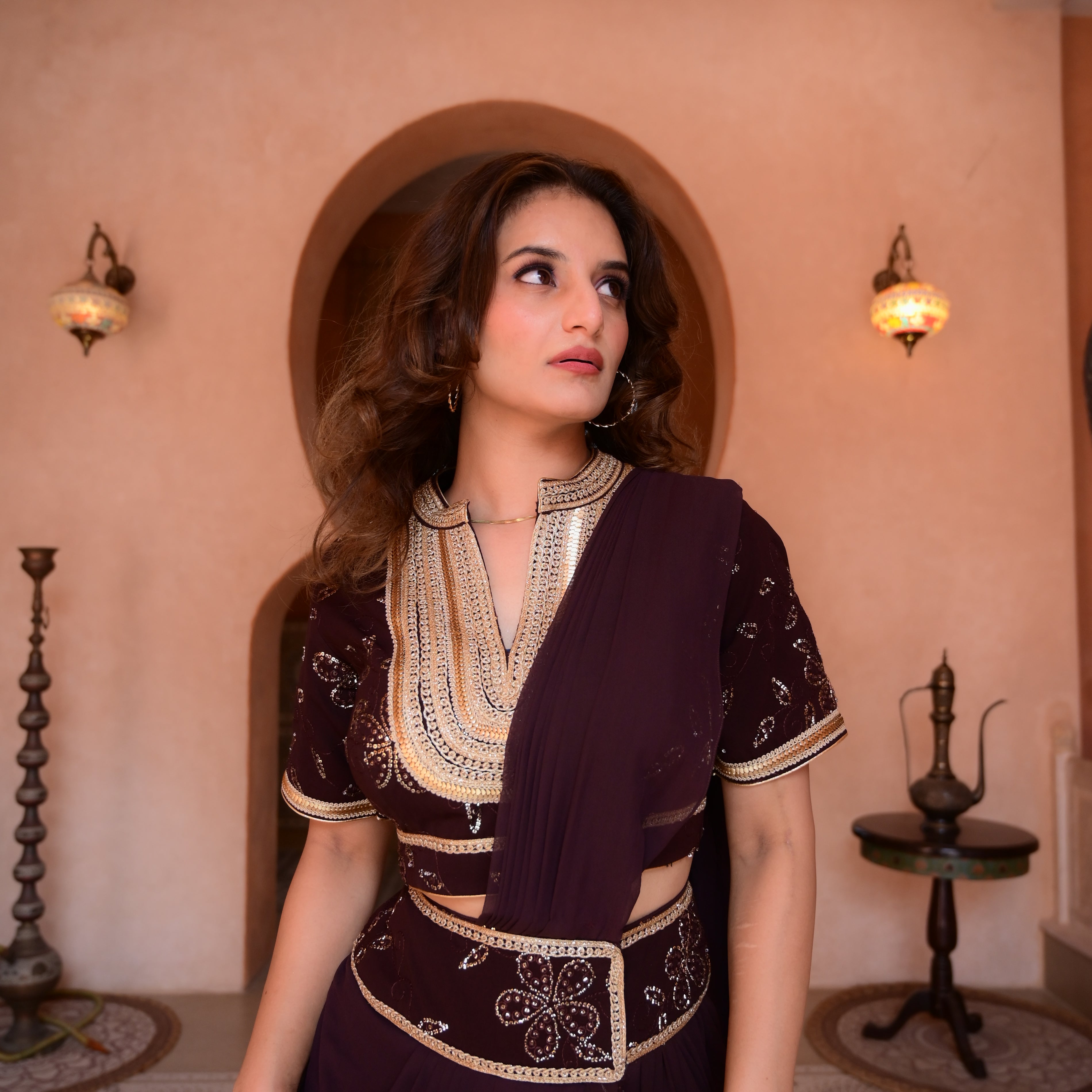 The Opulent Wine Pre-Draped Saree Set