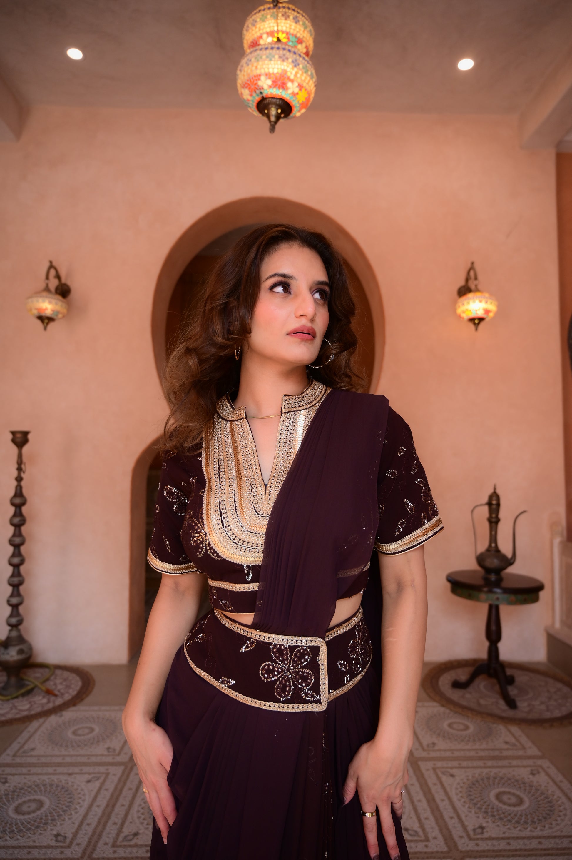 The Opulent Wine Pre-Draped Saree Set