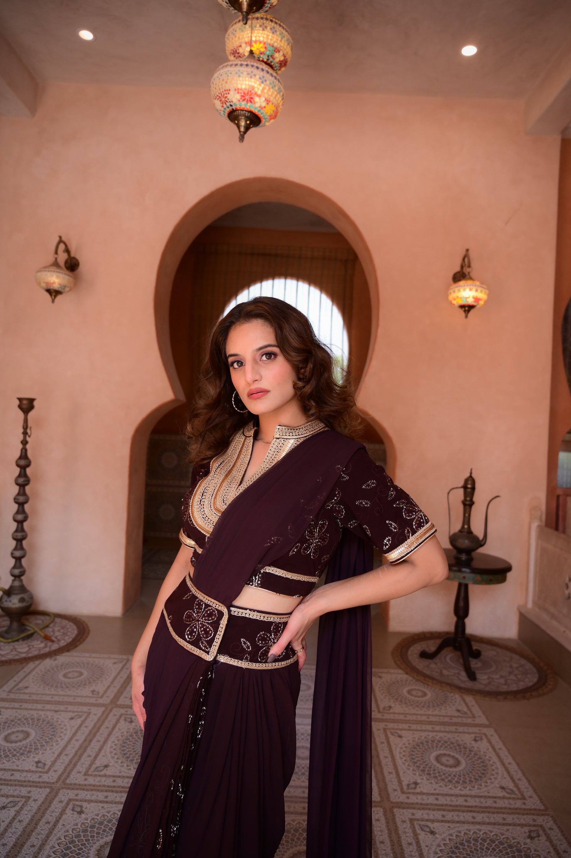 The Opulent Wine Pre-Draped Saree Set