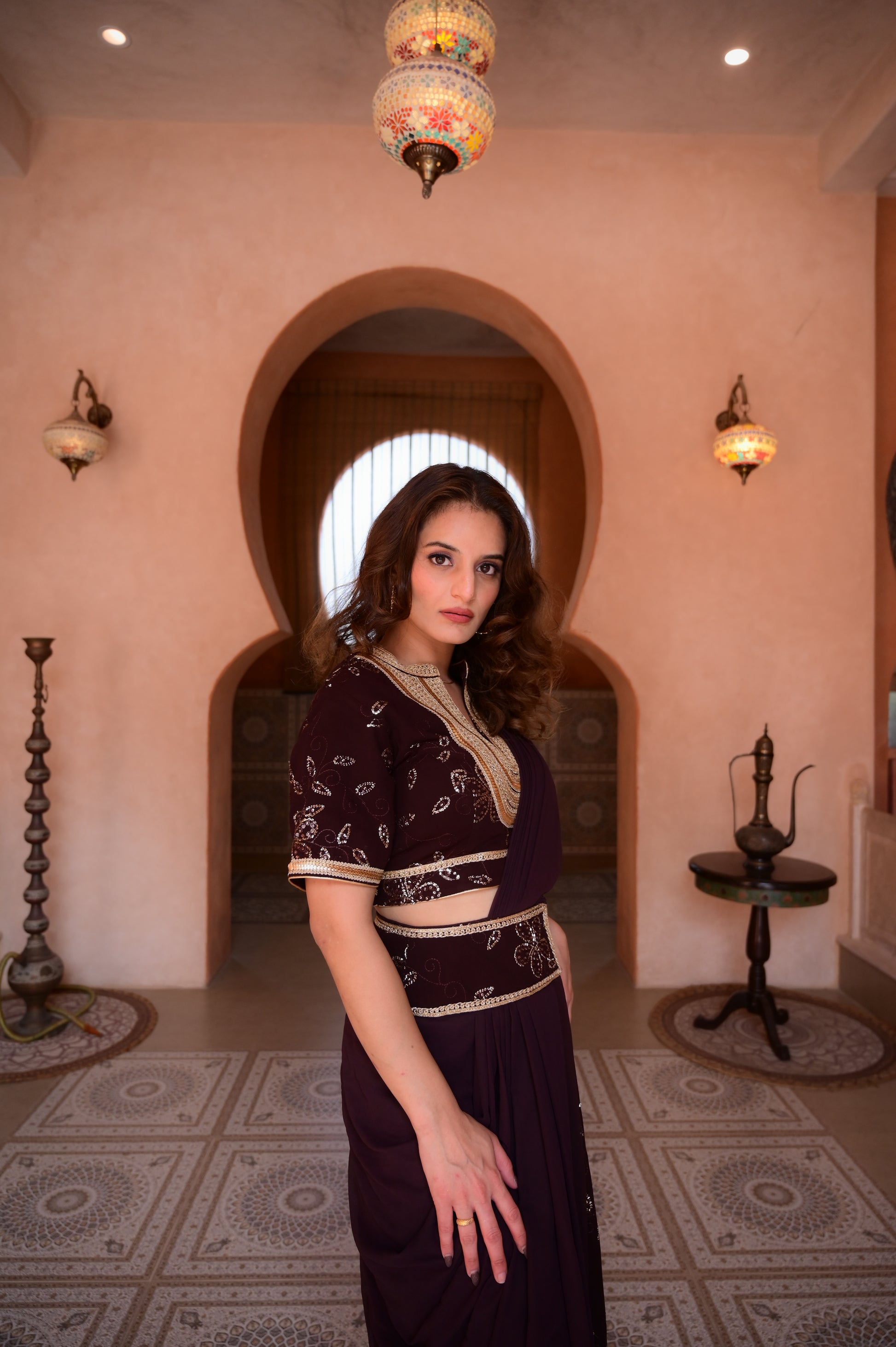 The Opulent Wine Pre-Draped Saree Set