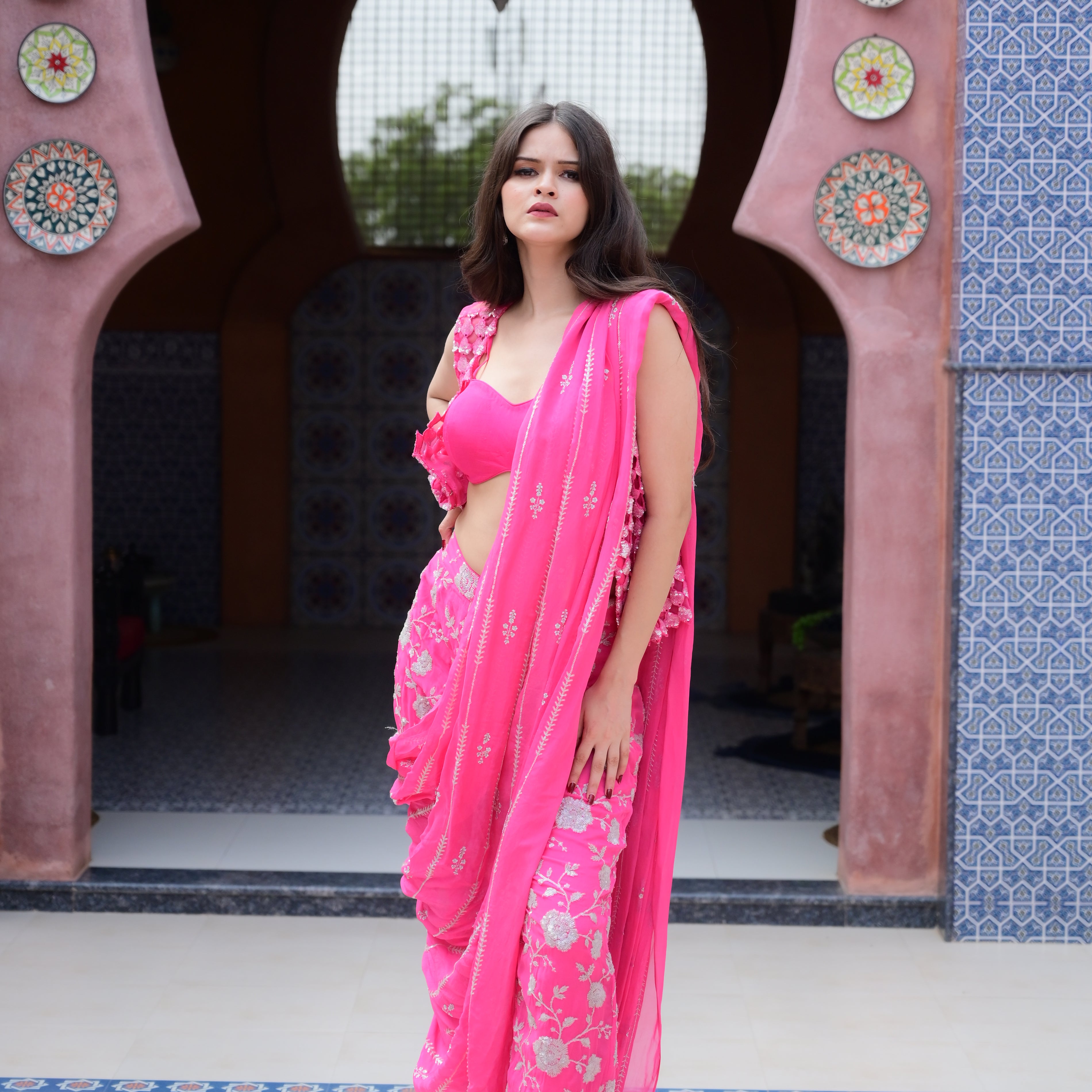 Fuchsia Draped Saree-Style Set